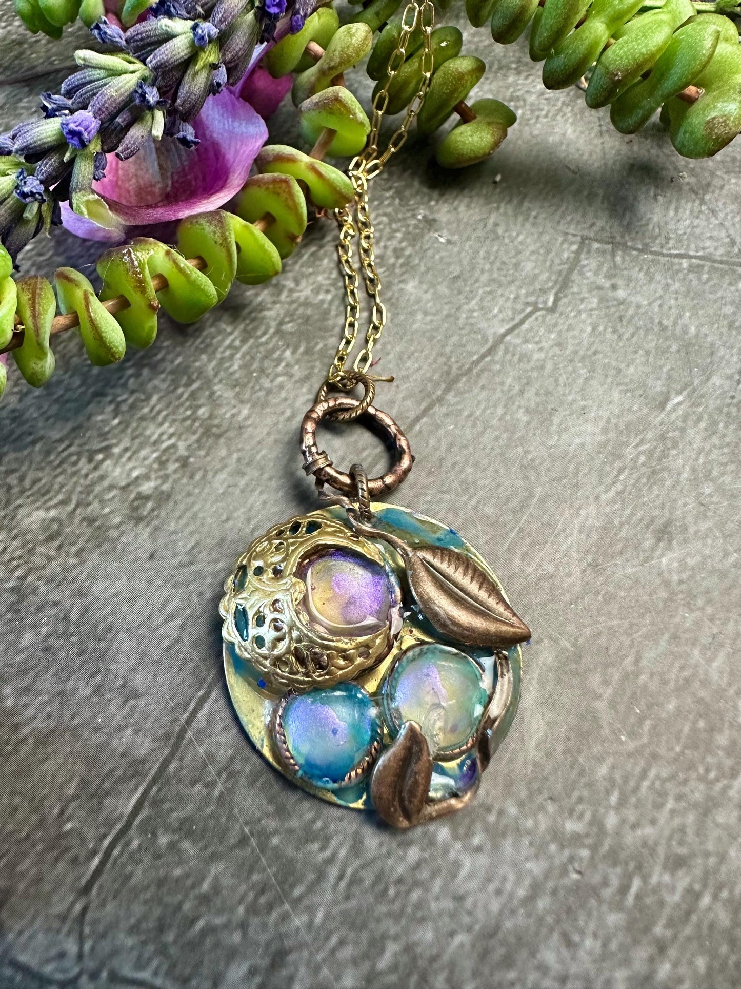 Moon Garden Necklace - Hand Patina Brass Hand colored Iridescent Resin