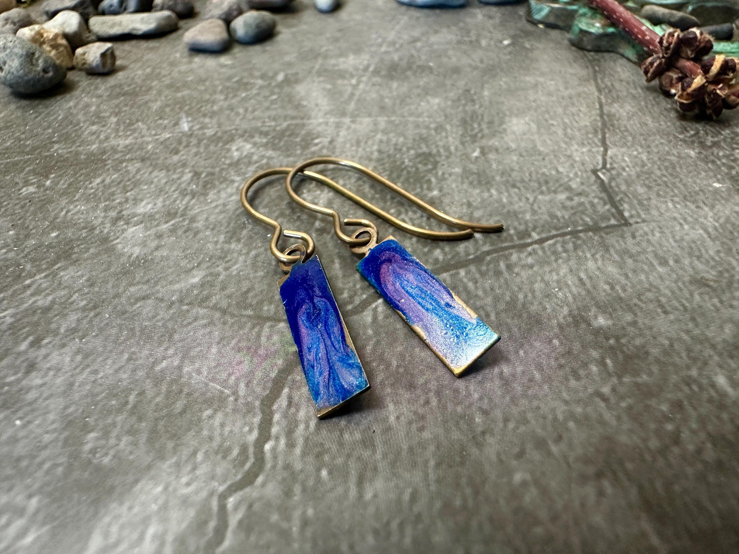 Simple Rectangle Enamel Earrings- Handmade Blue Brass
