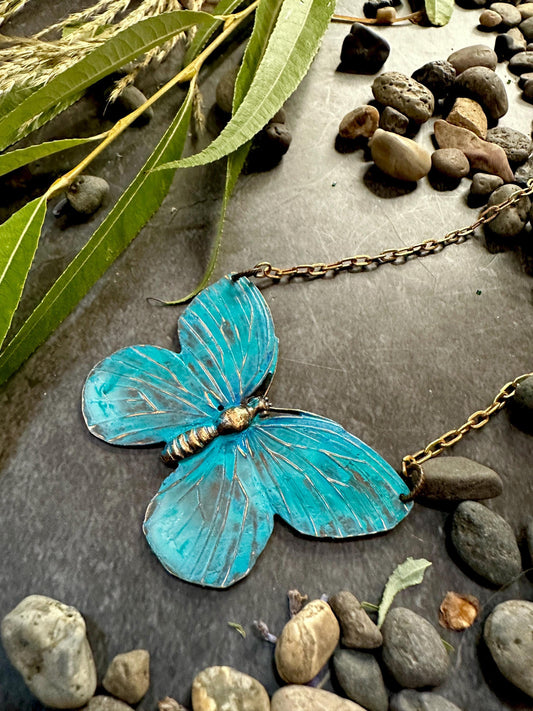 Verdigris Butterfly Necklace - Handmade Solid Brass Hand Patina