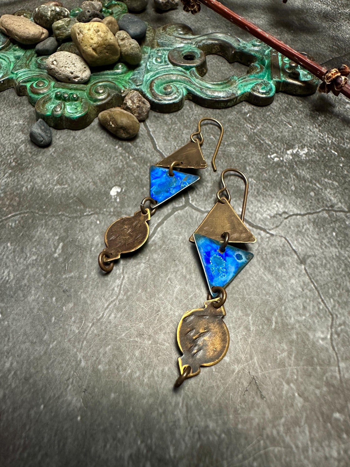 Geometric Triangle Ancient Vessel Earrings- Hand Enamel Blue Bronze Handmade Solid Beaten Brass