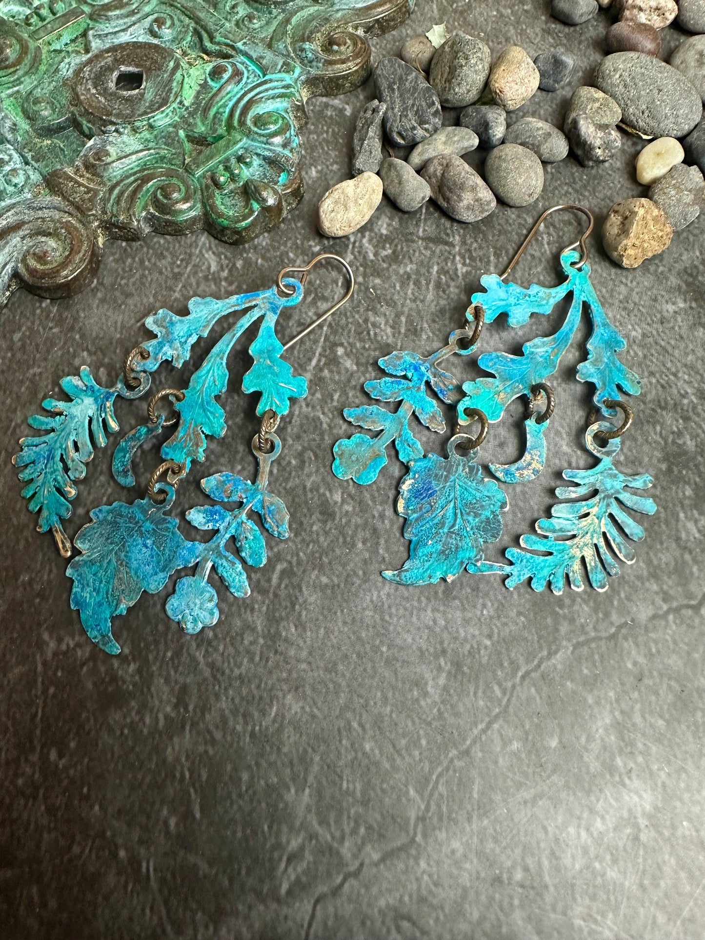 Harvest Moon Earrings- Handmade Beaten Solid Brass - Blue Verdigris