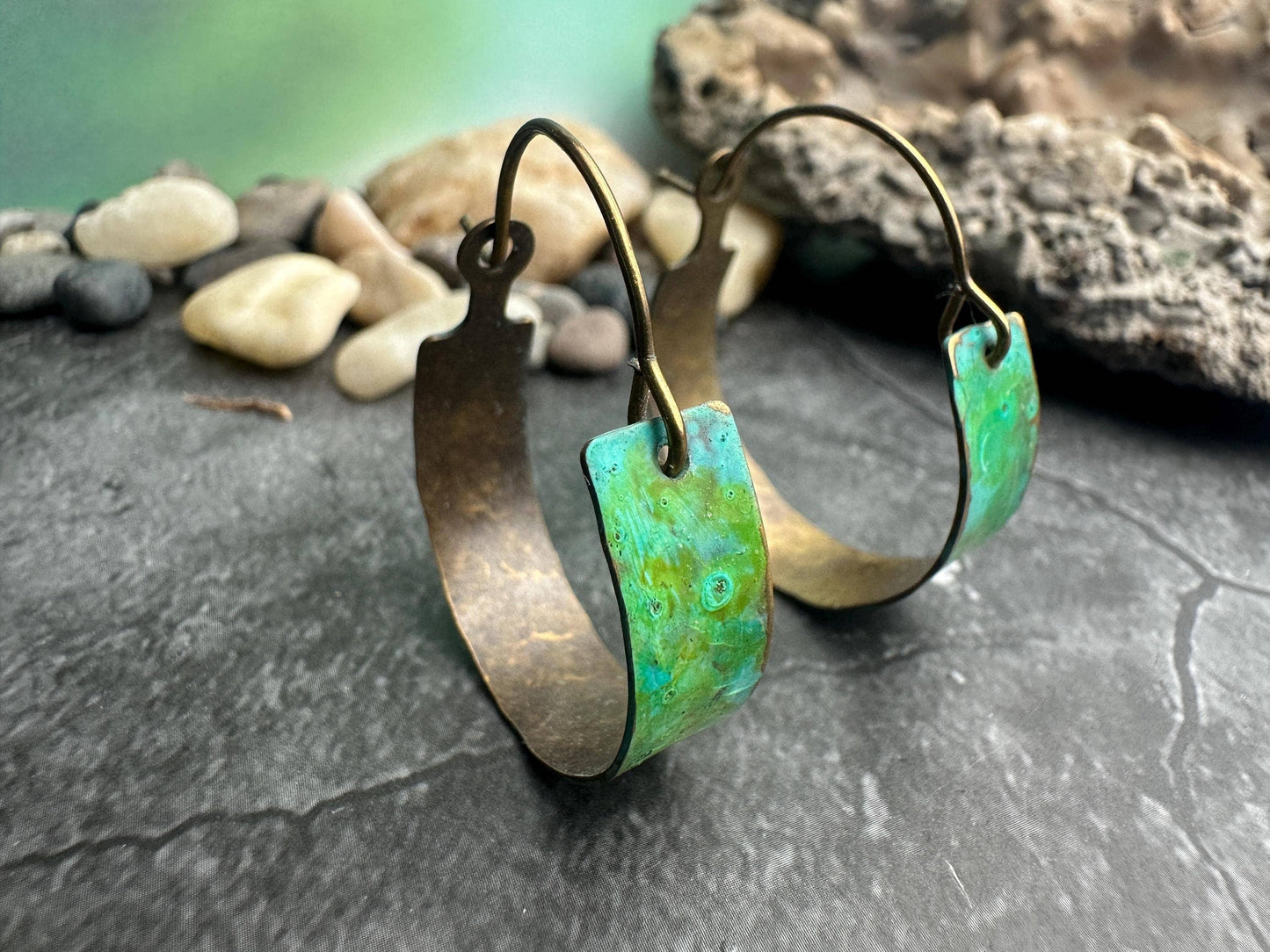 Rustic Hoop Earrings - Hammered Brass with Green Patina