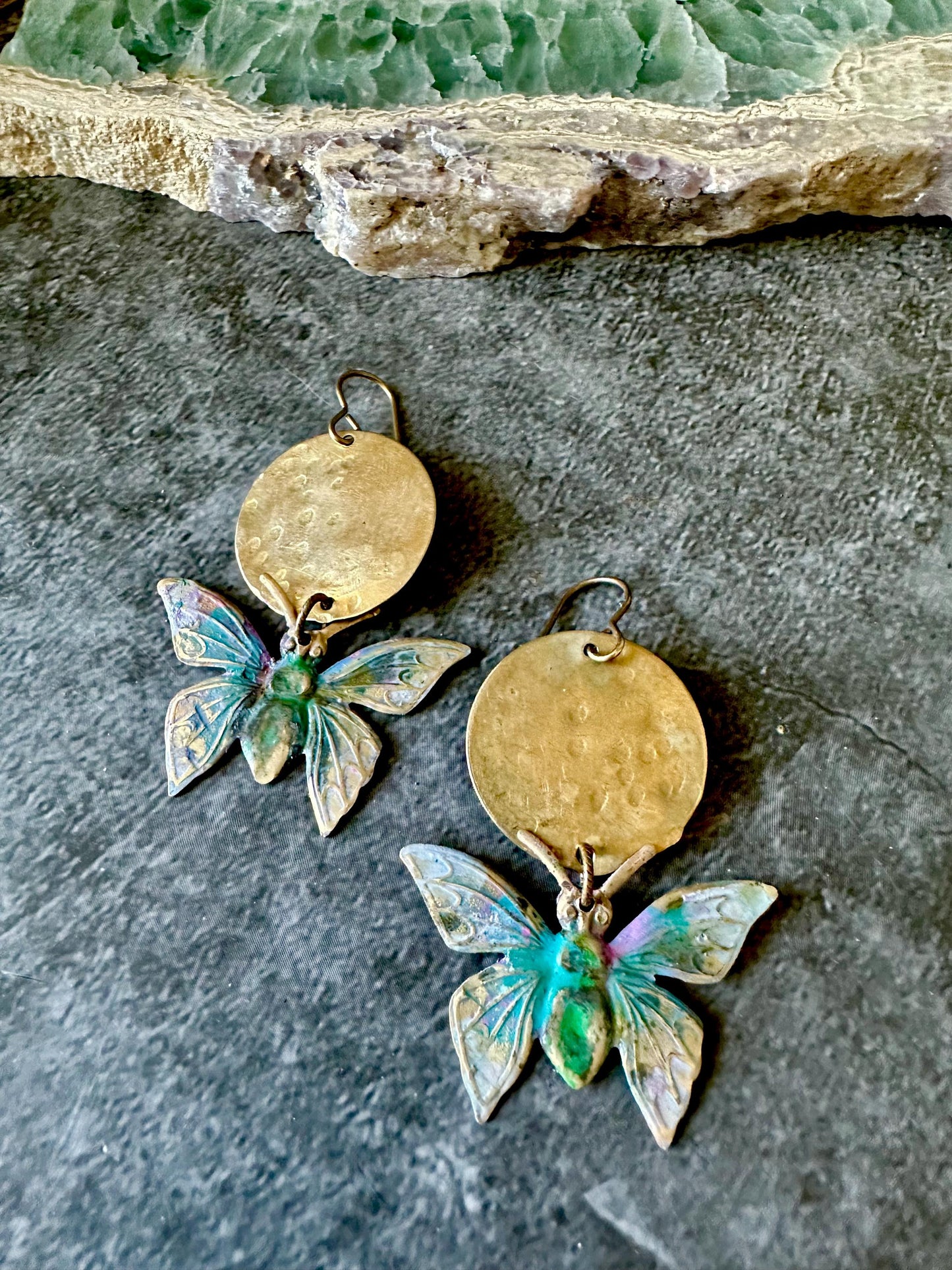 Lunar Butterfly Earrings- Handmade Solid Beaten Brass Hand Patina