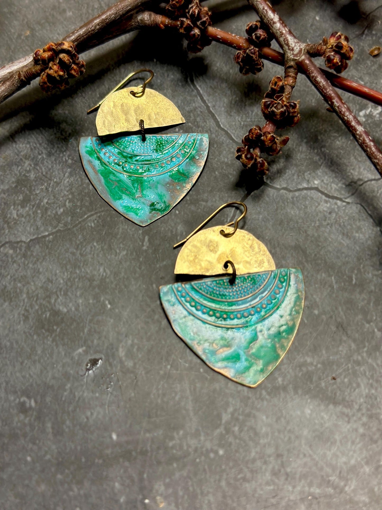 Geometric Tribal Modern Talisman Earrings - Bohemian Southwest Handmade Solid Hammered Brass Blue Green Hand Patina