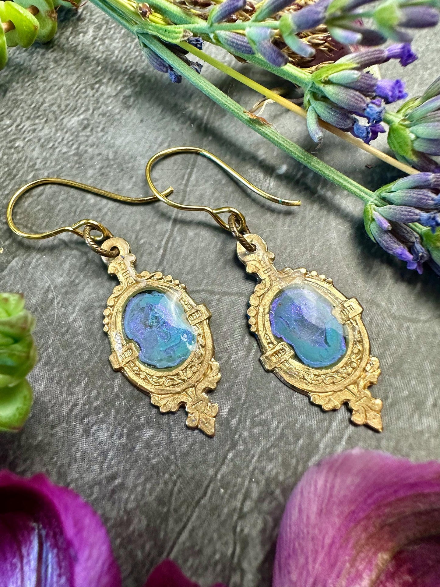 Gilded Pool Iridescent Earrings- Hand Beaten Brass with Hand Colored Resin- Blue