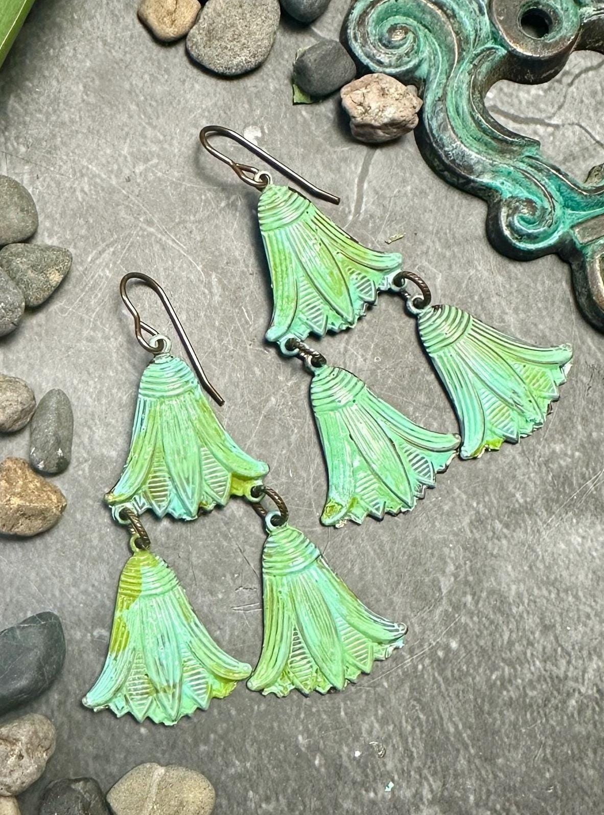 Lotus Drops Earrings- Handmade Beaten Solid Brass- Green Patina