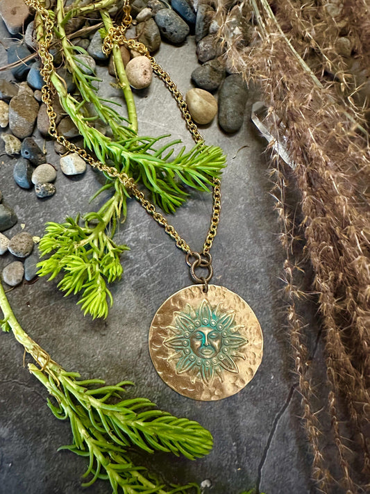Sun Medallion Necklace - Handmade Solid Beaten Hammered Brass Green Hand Patina Finish