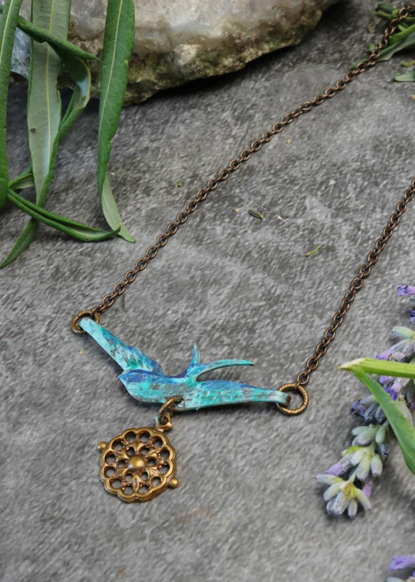 Compass Sparrow Necklace - Handmade Hand Patina Finish