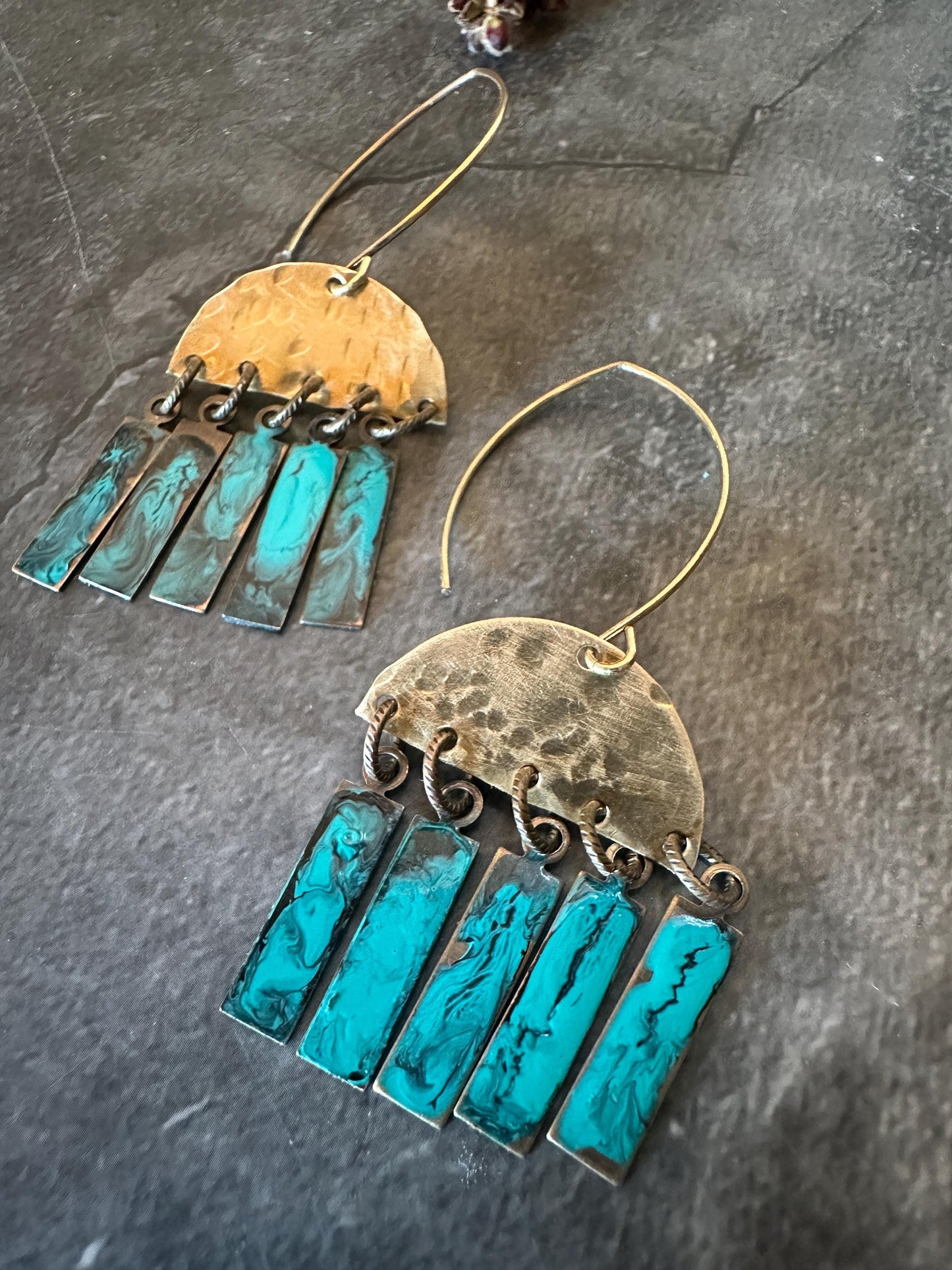Geometric Fringe Earrings - Handmade Solid Hammered Brass Green Blue Hand Enamel