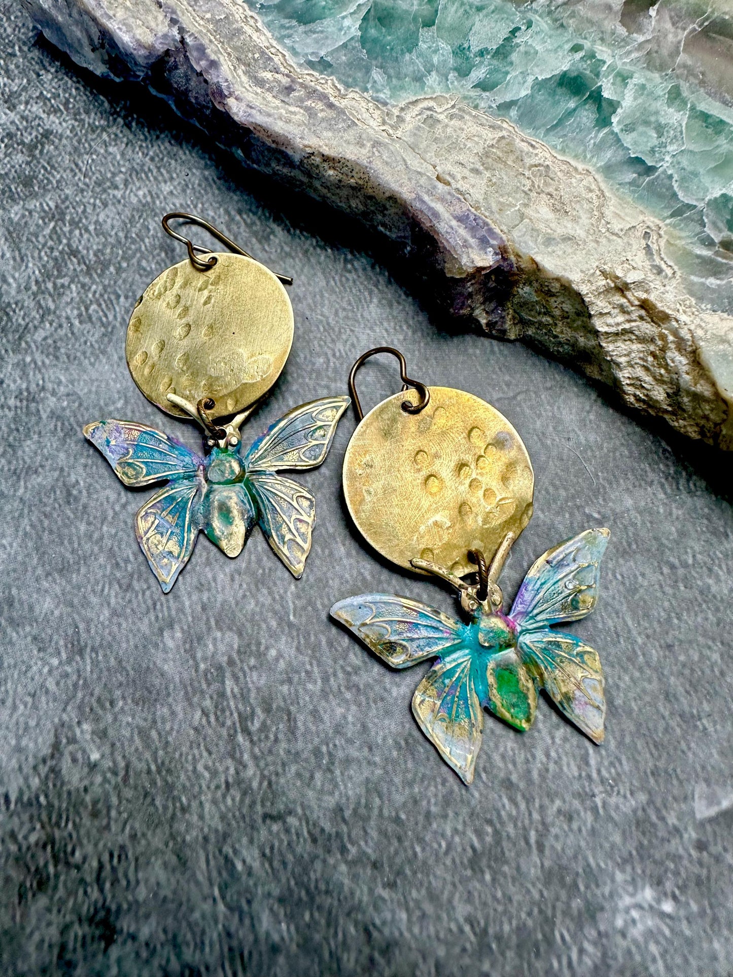Lunar Butterfly Earrings- Handmade Solid Beaten Brass Hand Patina