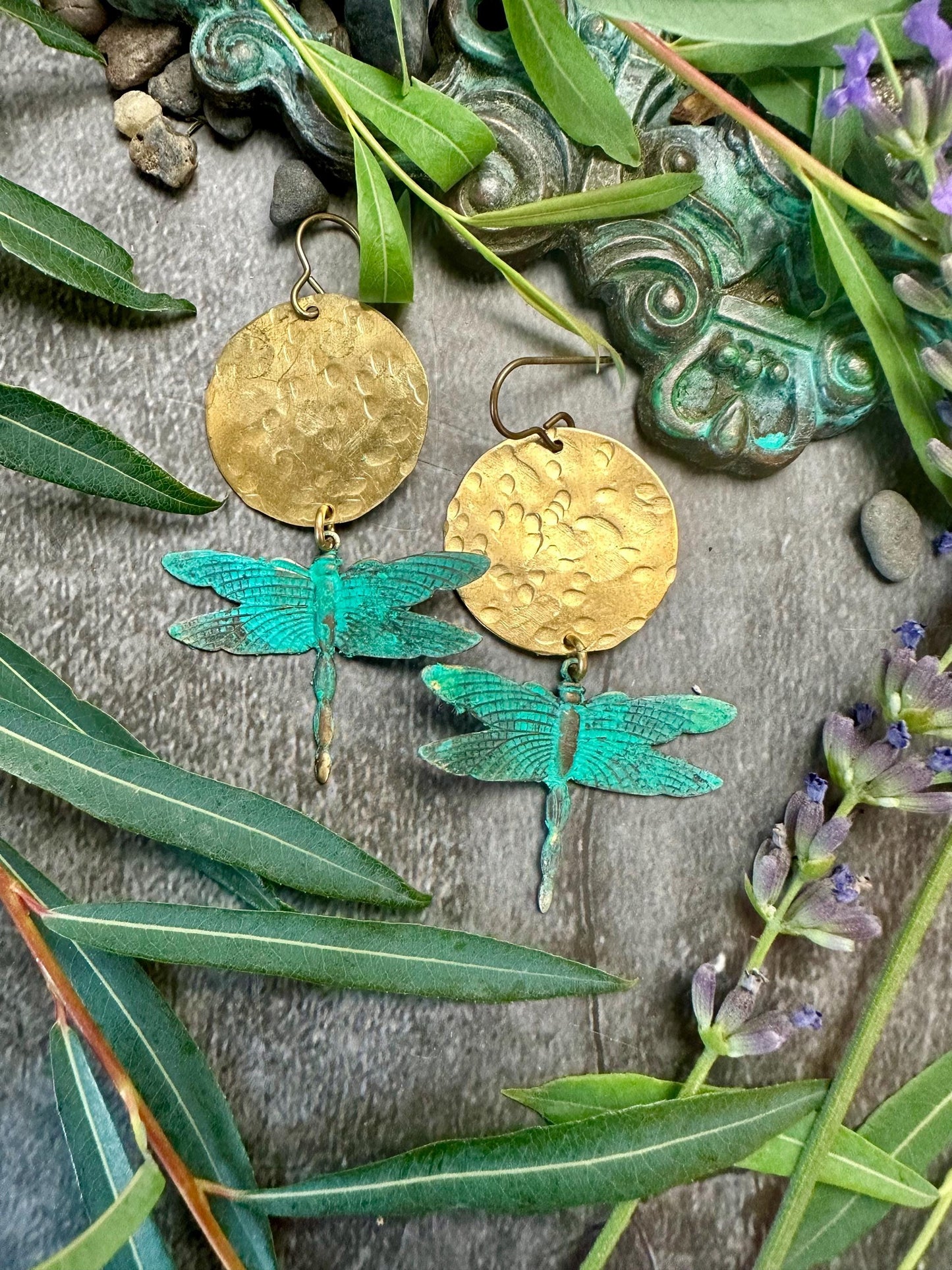 Dragonfly Sun Earrings- Handmade Solid Beaten Brass Hand Patina