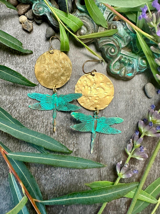 Dragonfly Sun Earrings- Handmade Solid Beaten Brass Hand Patina