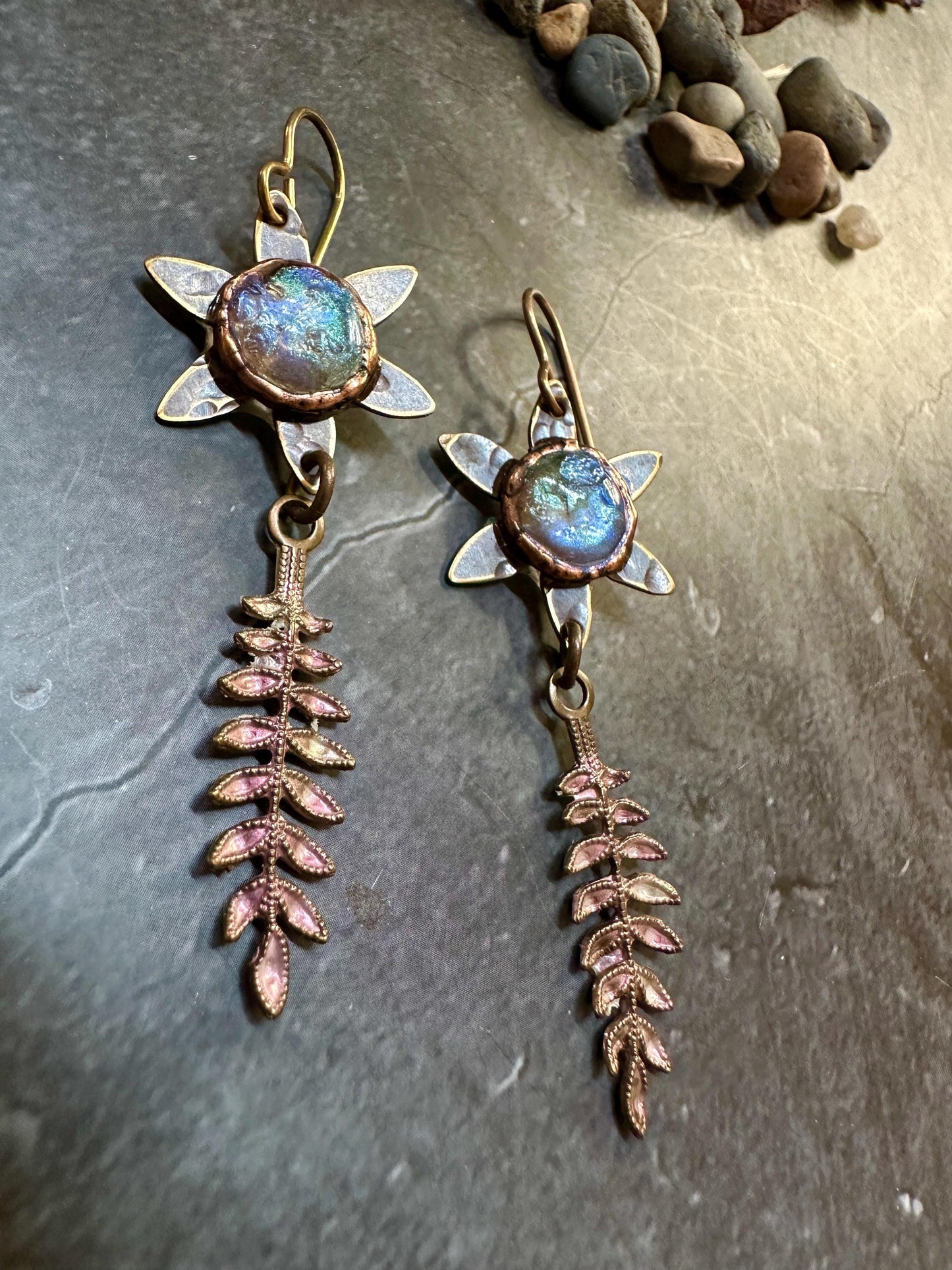 Dewdrop Fern Forest Earrings- Handmade Solid Beaten Brass Iridescent Hand Patina