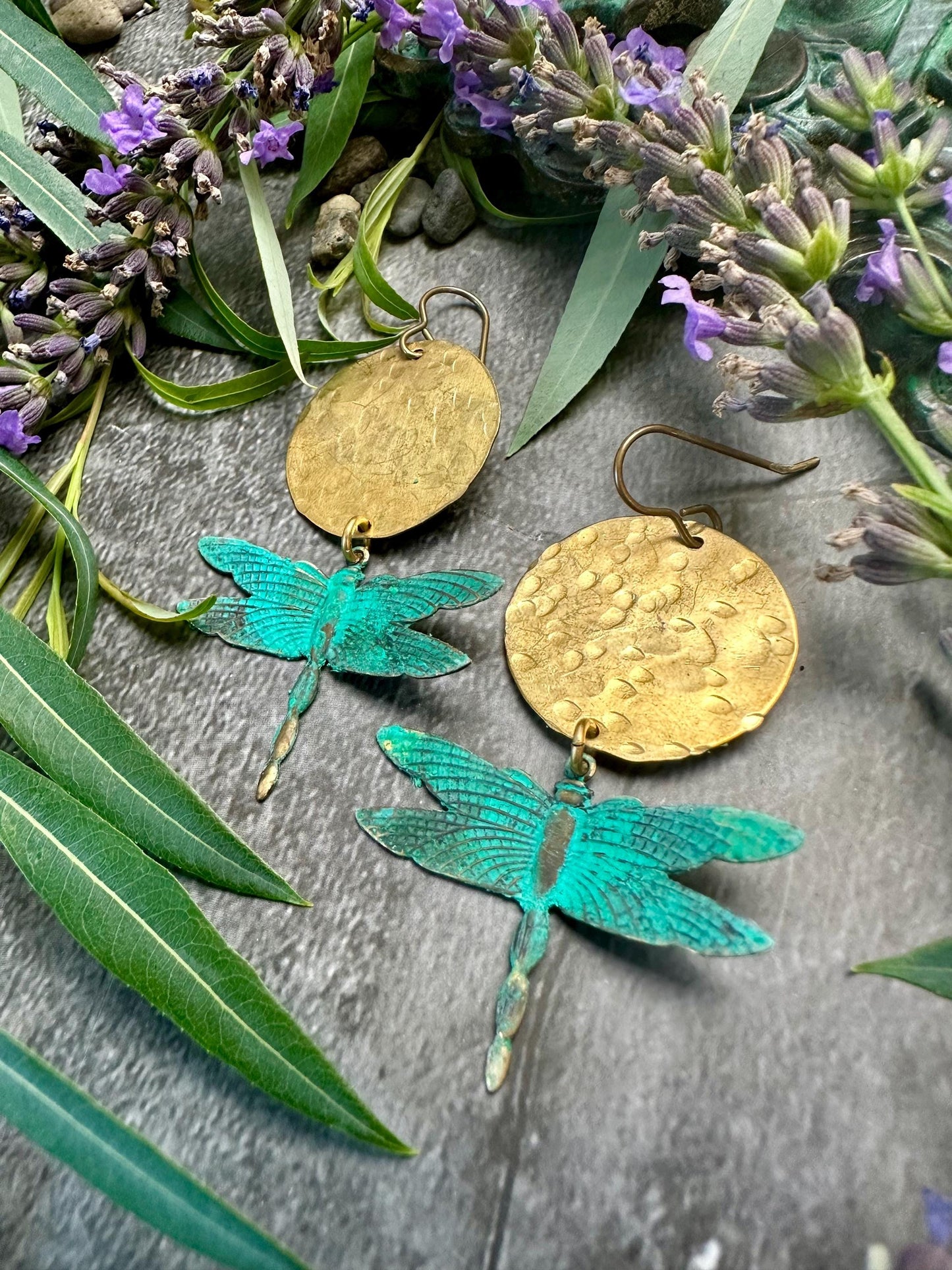 Dragonfly Sun Earrings- Handmade Solid Beaten Brass Hand Patina