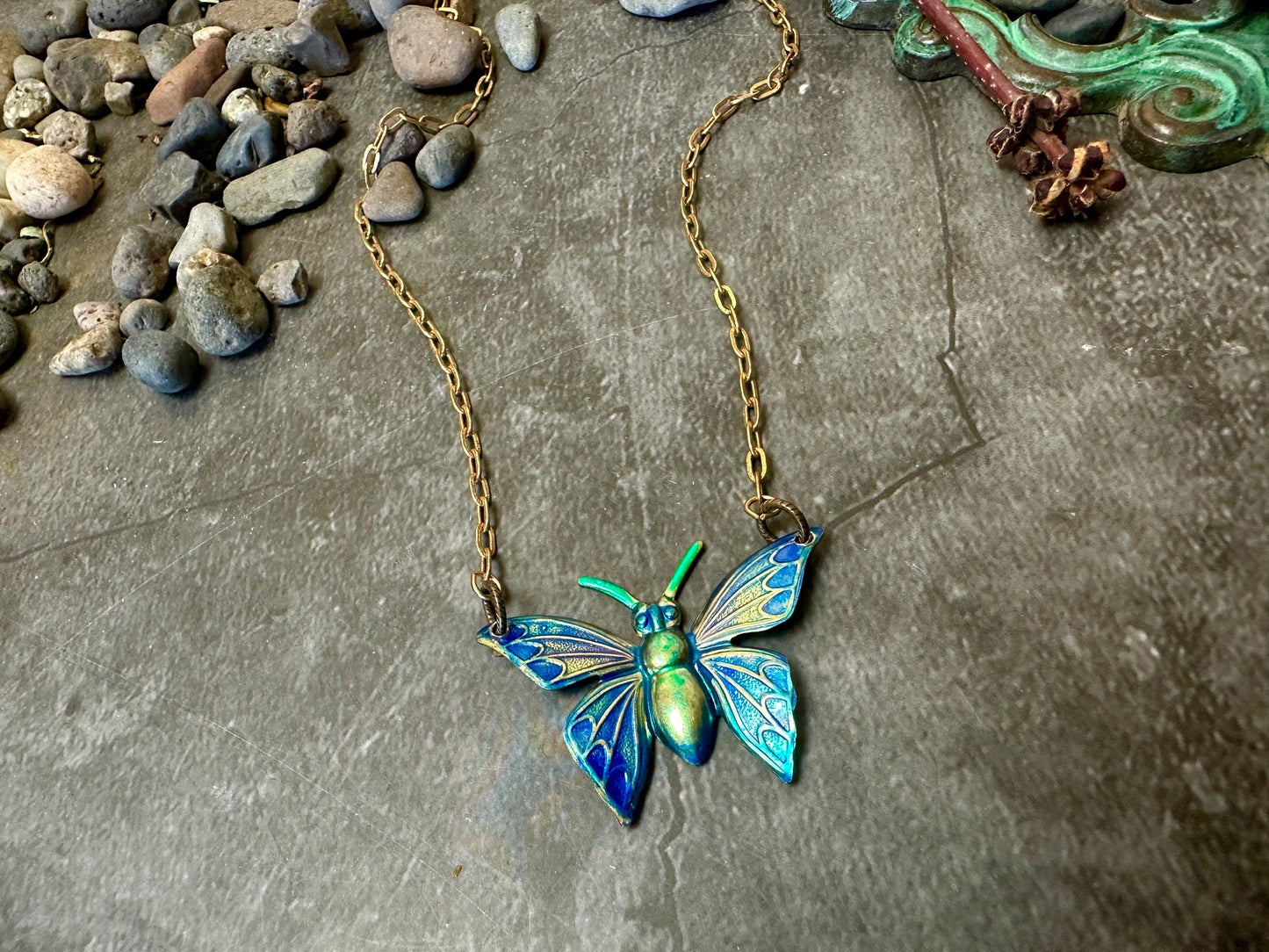 Luminous Butterfly Necklace- Hand Enamel Blue Purple Green Solid Brass - 16in