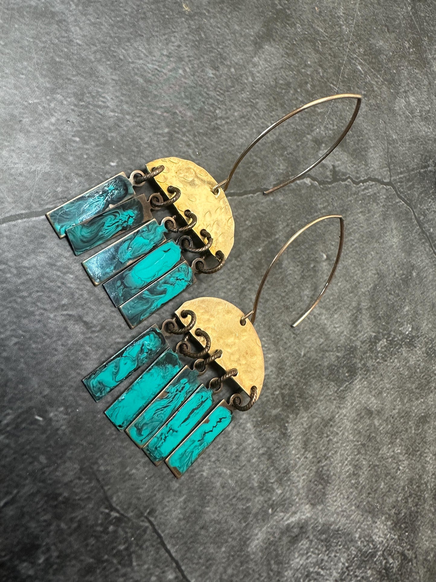 Geometric Fringe Earrings - Handmade Solid Hammered Brass Green Blue Hand Enamel