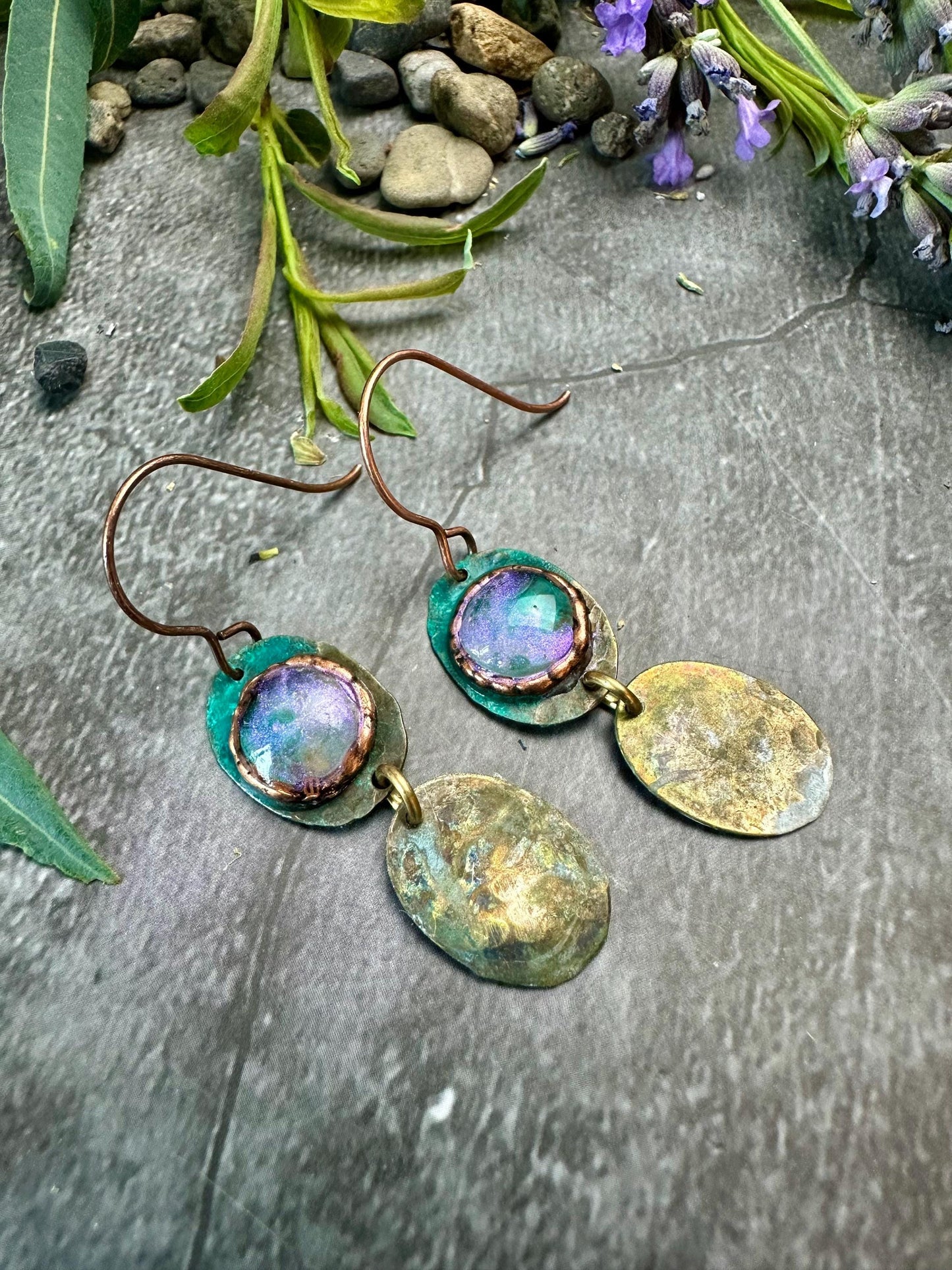 Gleaming Pool Double Drop Earrings- Iridescent Hand Beaten Brass with Hand Colored Resin