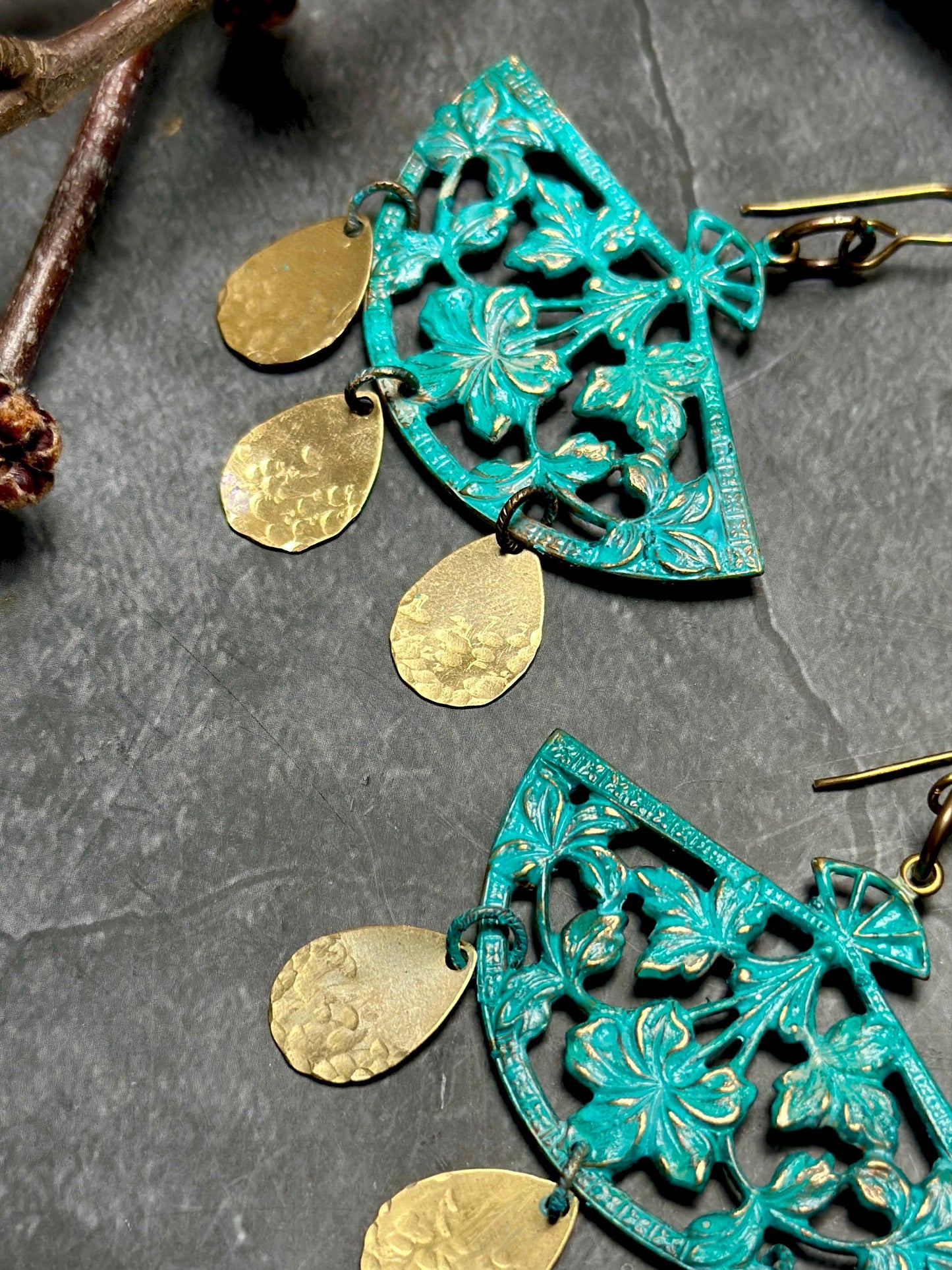 Dynasty Bloom Earrings- Handmade Beaten Solid Brass Verdigris