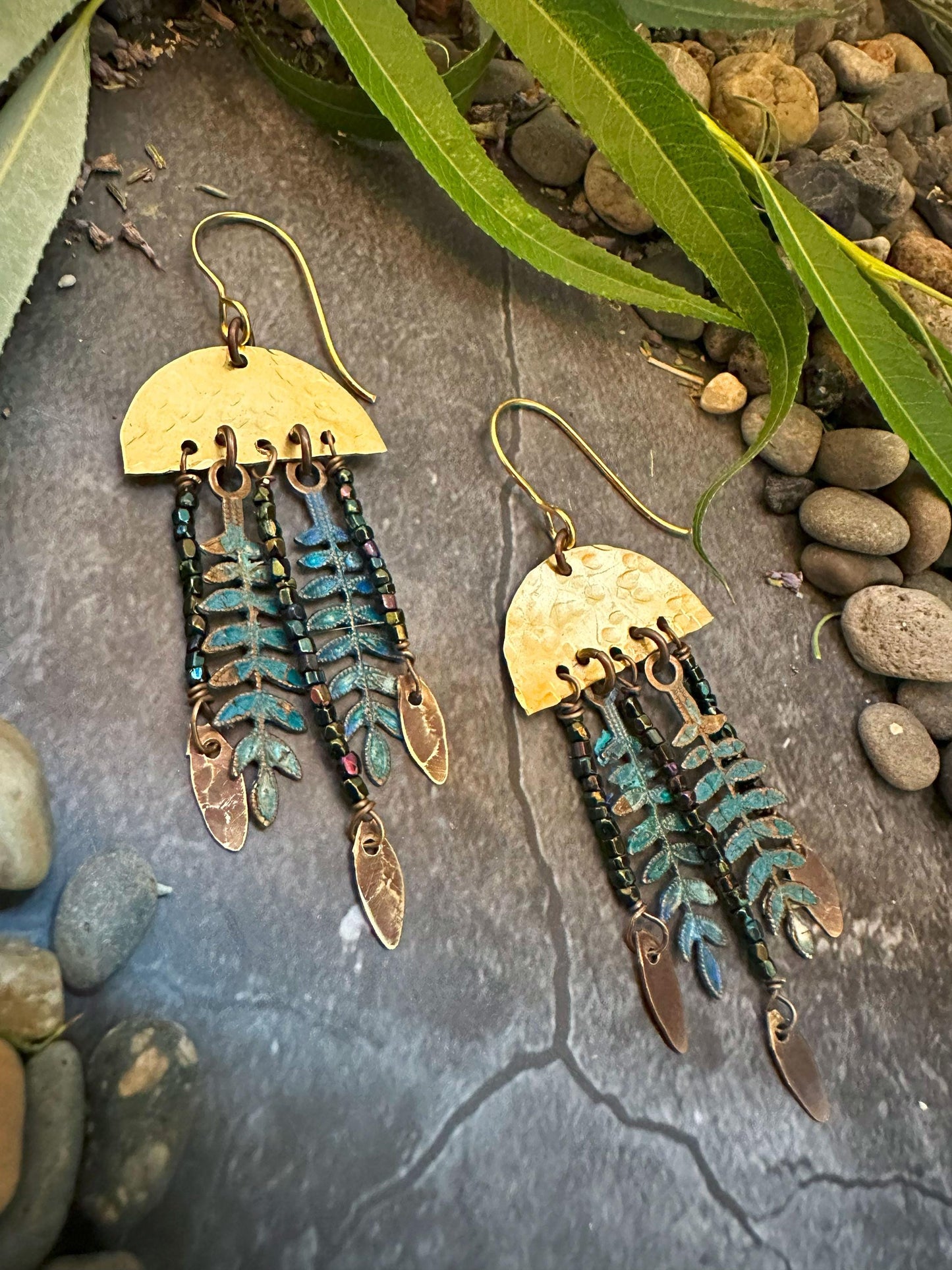 Midnight Fern Fringe Earrings - Handmade Solid Beaten Brass Beaded Hand Patina