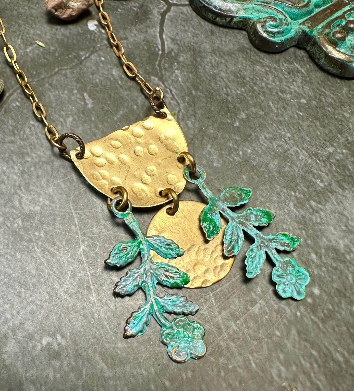 Moon Flower Necklace- Hand Hammered Solid Brass, Hand Patina- 16in