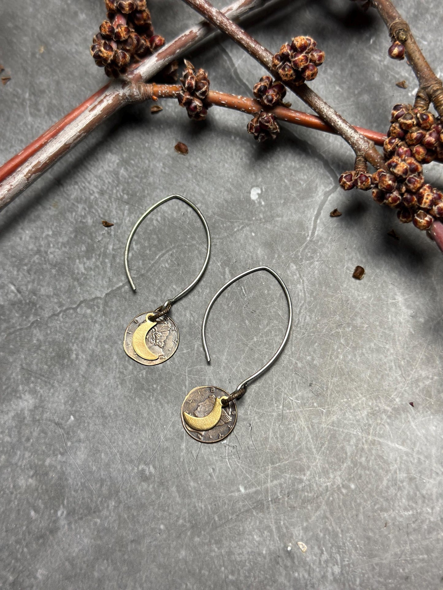 Crescent Moon Coin Earrings - Handmade Solid Beaten Brass