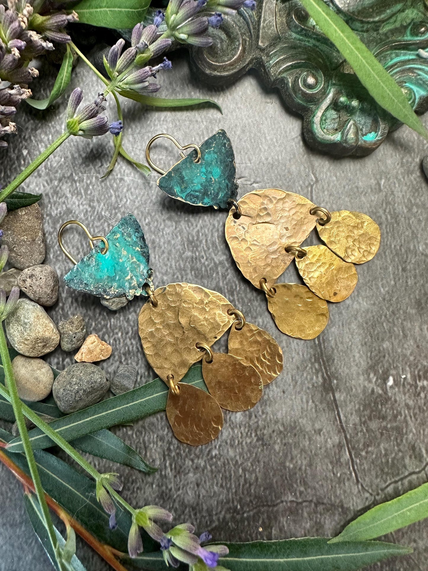 Goddess Tears Earrings - Handmade Solid Beaten Brass Hand Patina