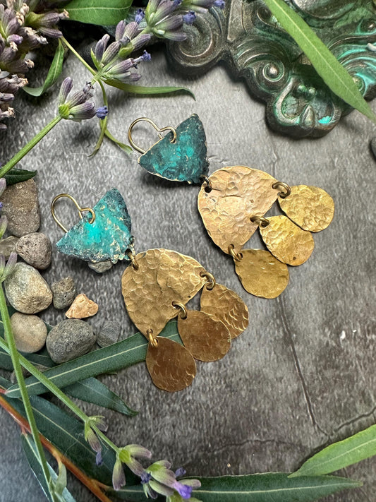 Goddess Tears Earrings - Handmade Solid Beaten Brass Hand Patina