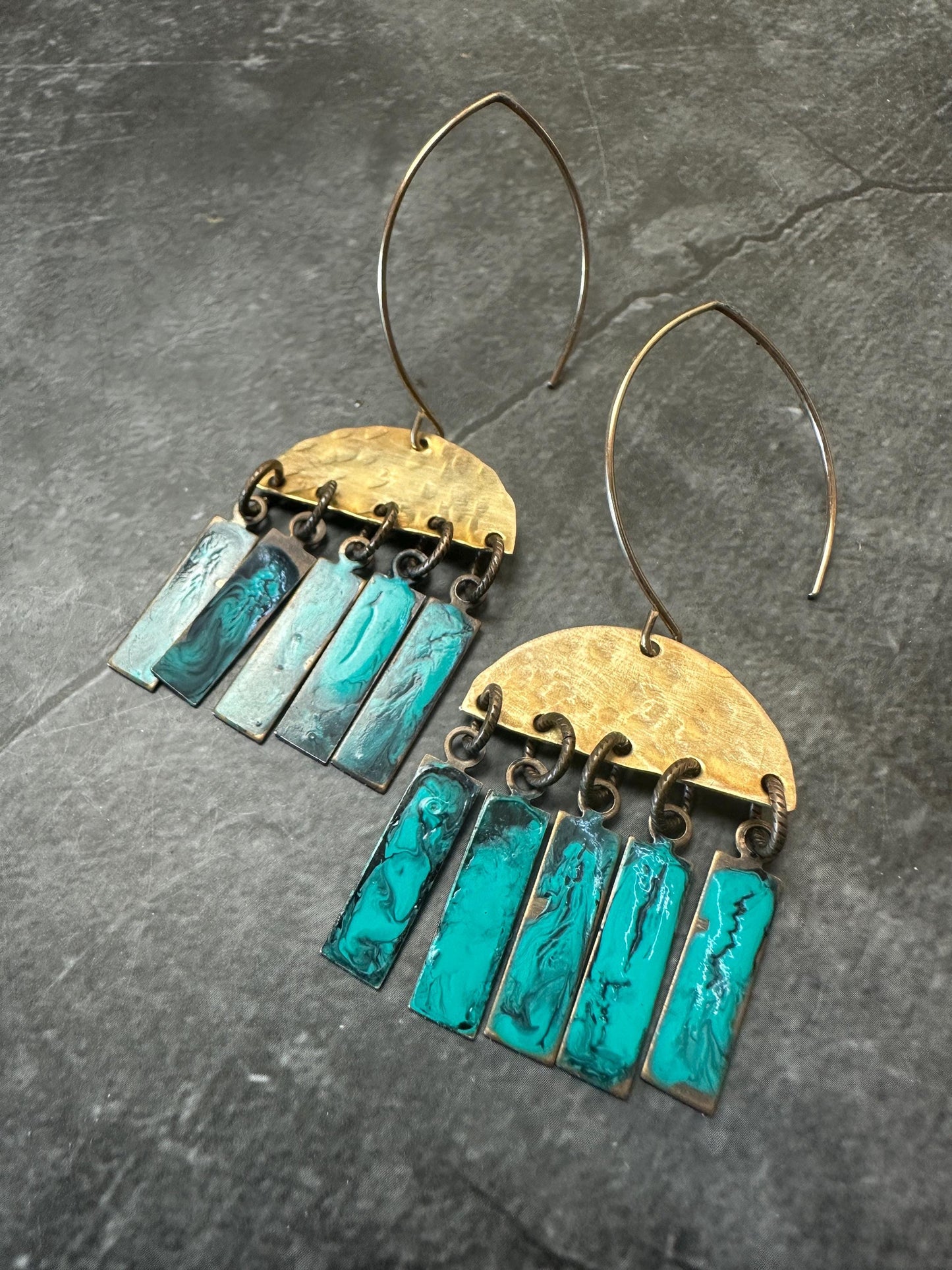 Geometric Fringe Earrings - Handmade Solid Hammered Brass Green Blue Hand Enamel
