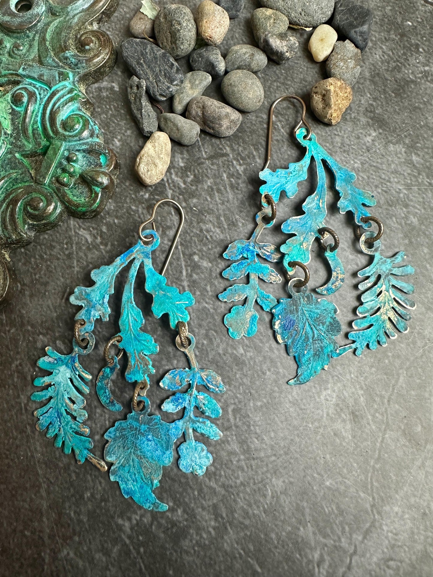 Harvest Moon Earrings- Handmade Beaten Solid Brass - Blue Verdigris