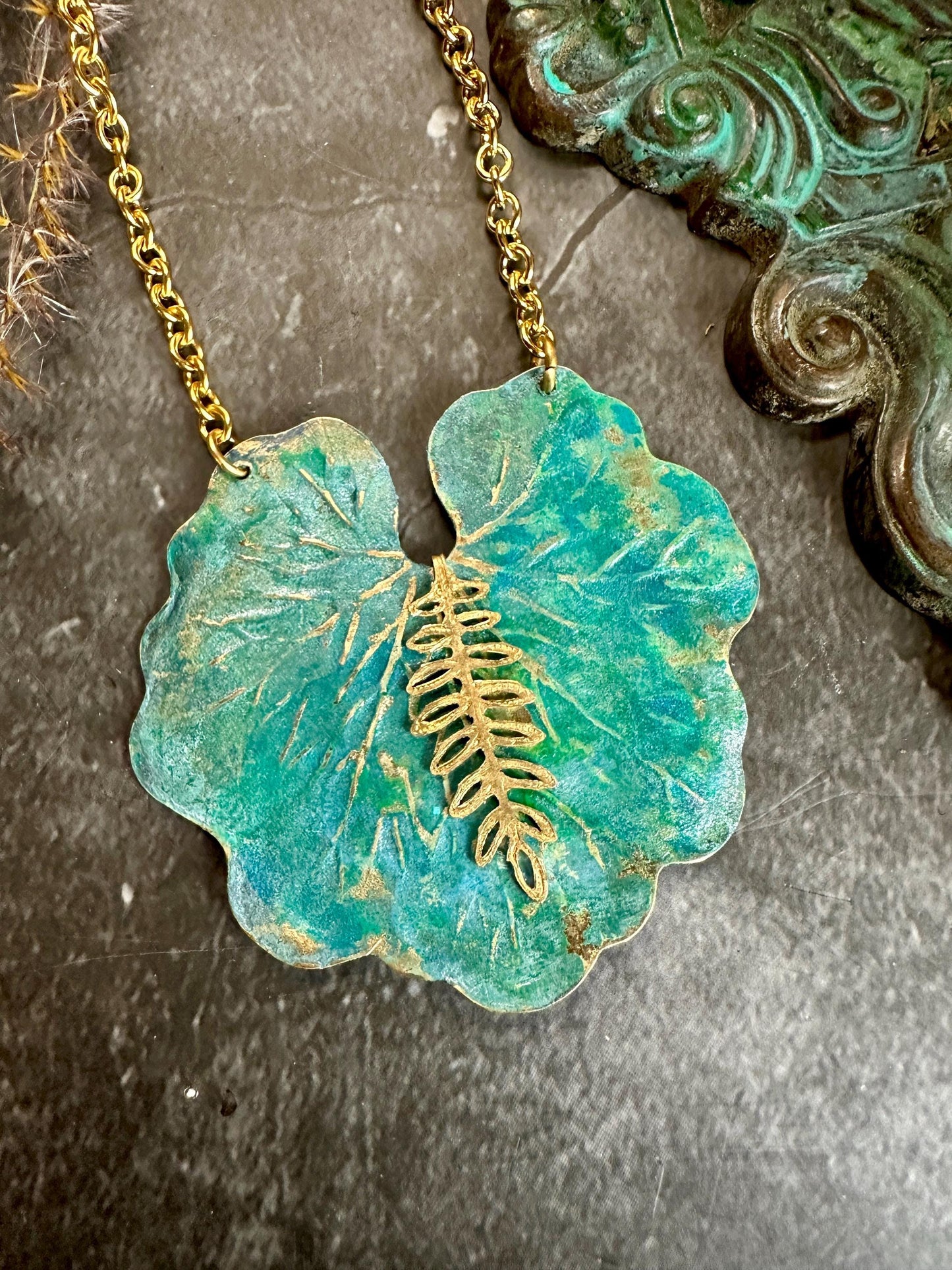 Lily Pond Necklace - Handmade Solid Beaten Hammered Brass Hand Patina Finish