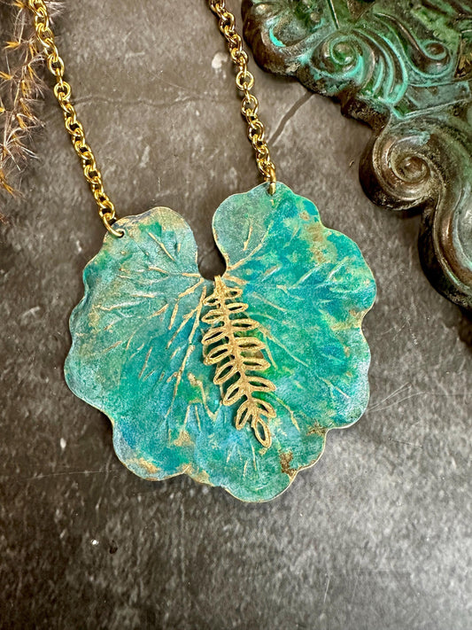Lily Pond Necklace - Handmade Solid Beaten Hammered Brass Hand Patina Finish