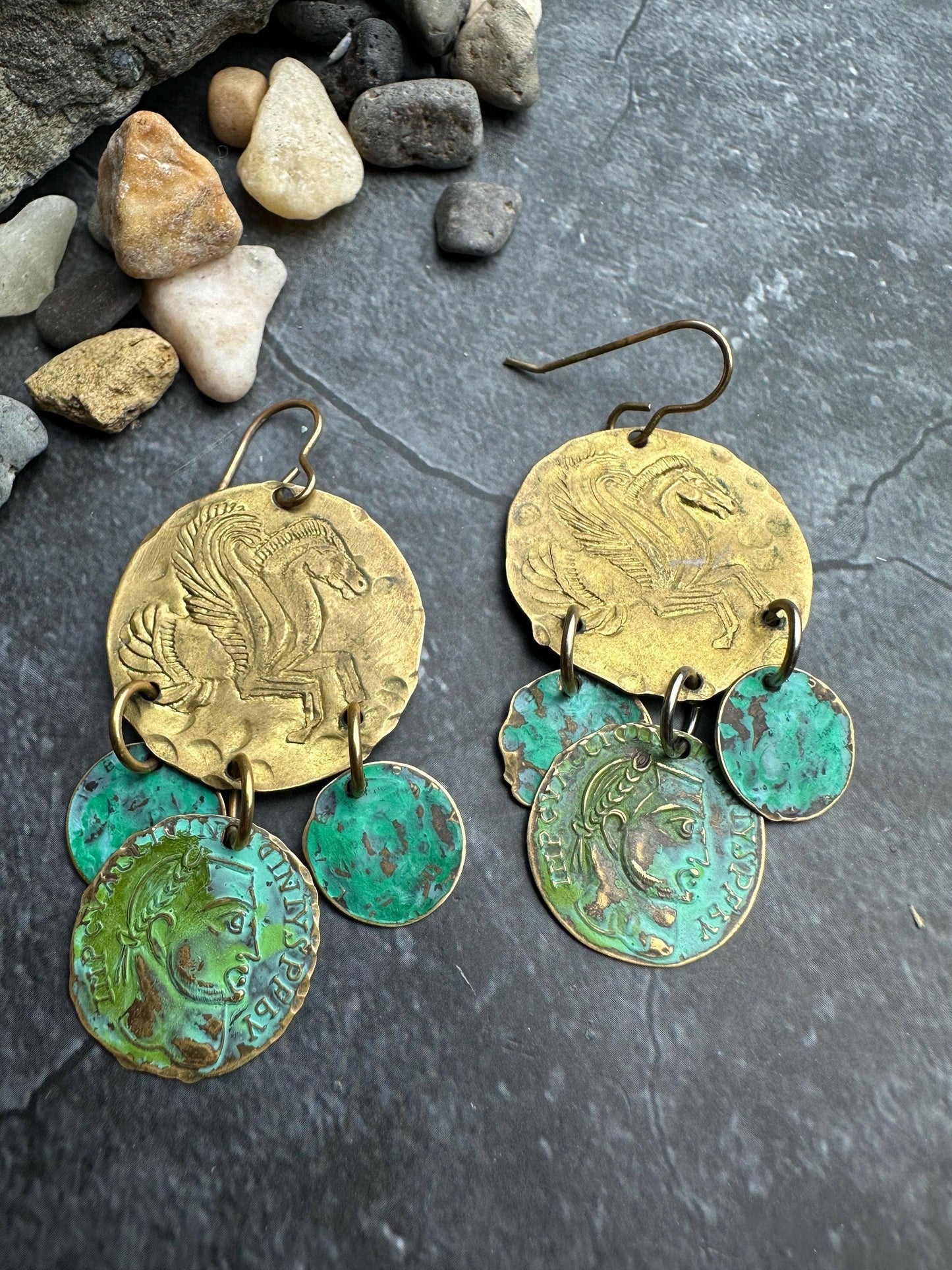 Coin Earrings- Handmade Solid Beaten Brass Green Hand Patina