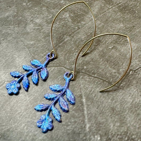 Floral Sprig Charm Earrings Garden Fairy - Handmade Solid Brass Purple Hand Patina