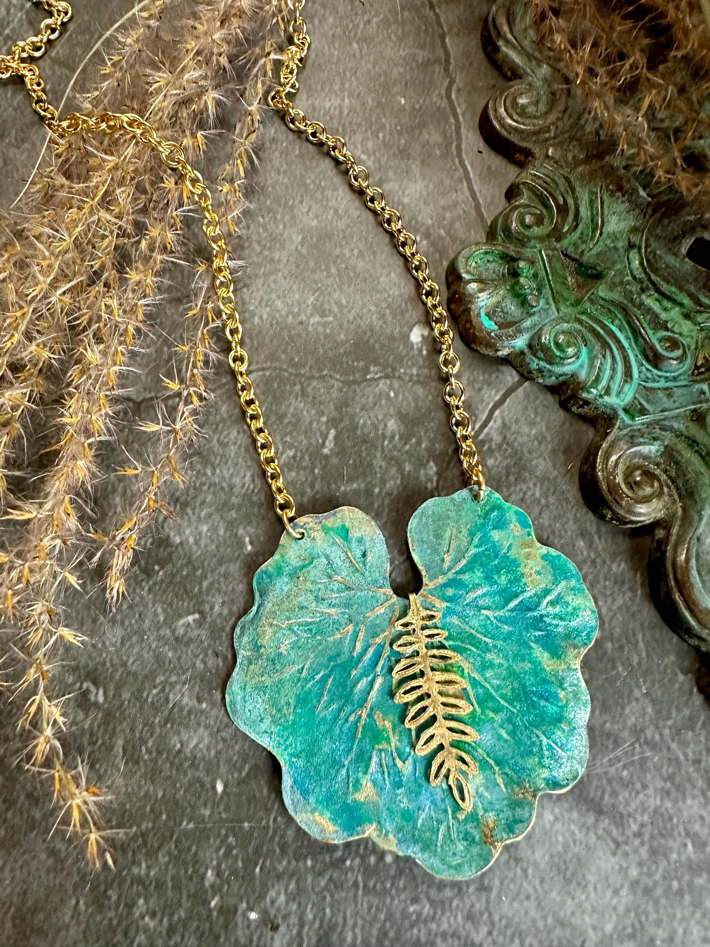 Lily Pond Necklace - Handmade Solid Beaten Hammered Brass Hand Patina Finish
