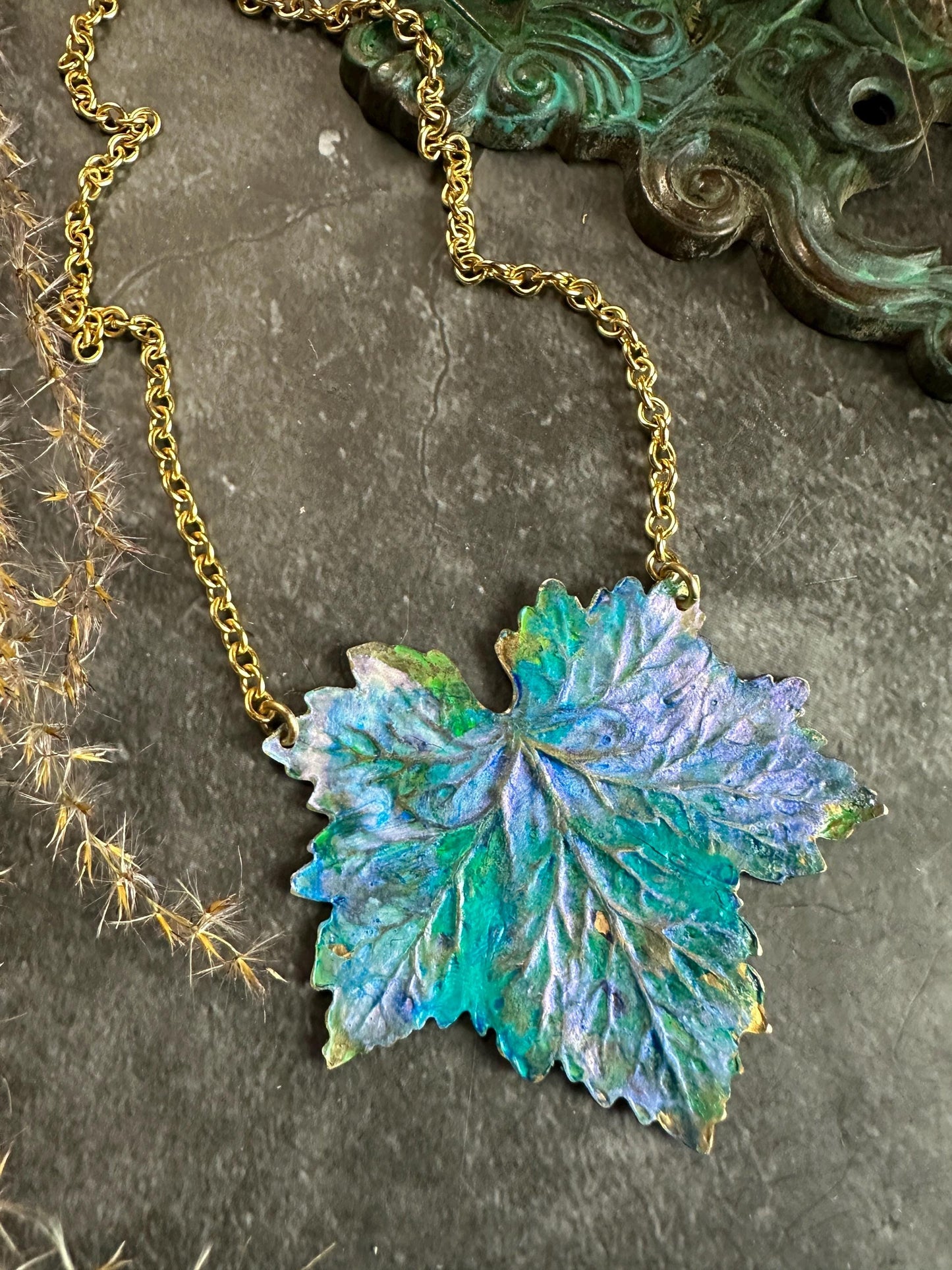 Fairy Leaf Necklace - Handmade Solid Beaten Hammered Brass Hand Patina Finish