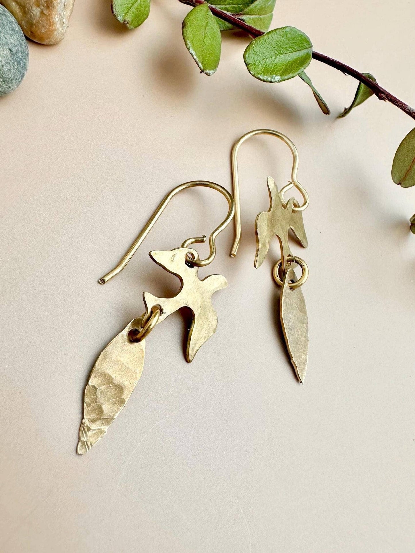 Willow Pond Bird Earrings Mini - Small Brass Leaf Dangles