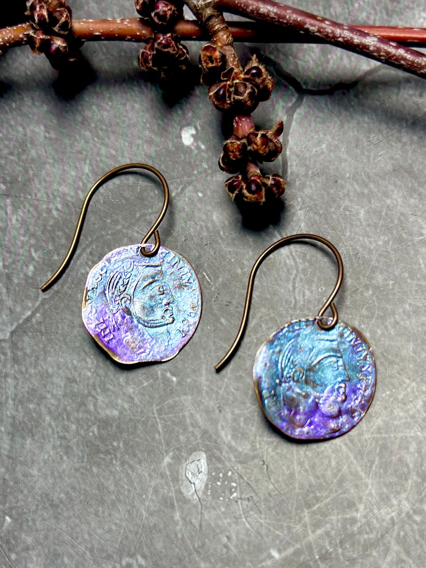 Roman Coin Earrings- Handmade Solid Beaten Brass Iridescent Hand Patina