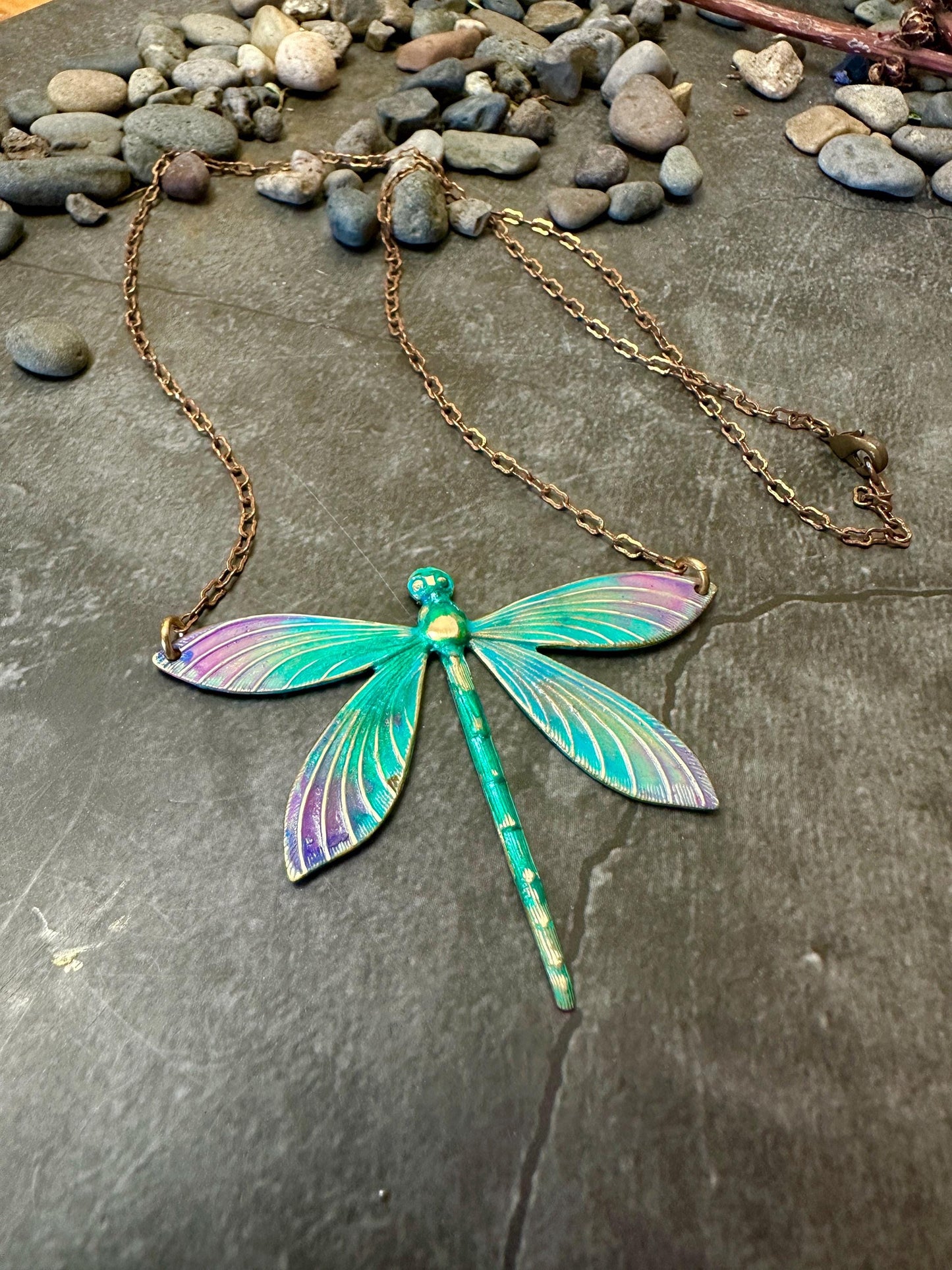 Enamel Dragonfly Necklace - Handmade Solid Brass Rainbow Hand Patina