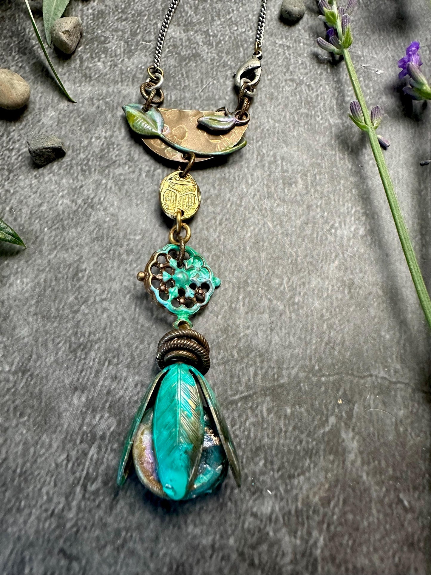 Lotus scarab Necklace - Handmade Beaten Brass Hand Patina