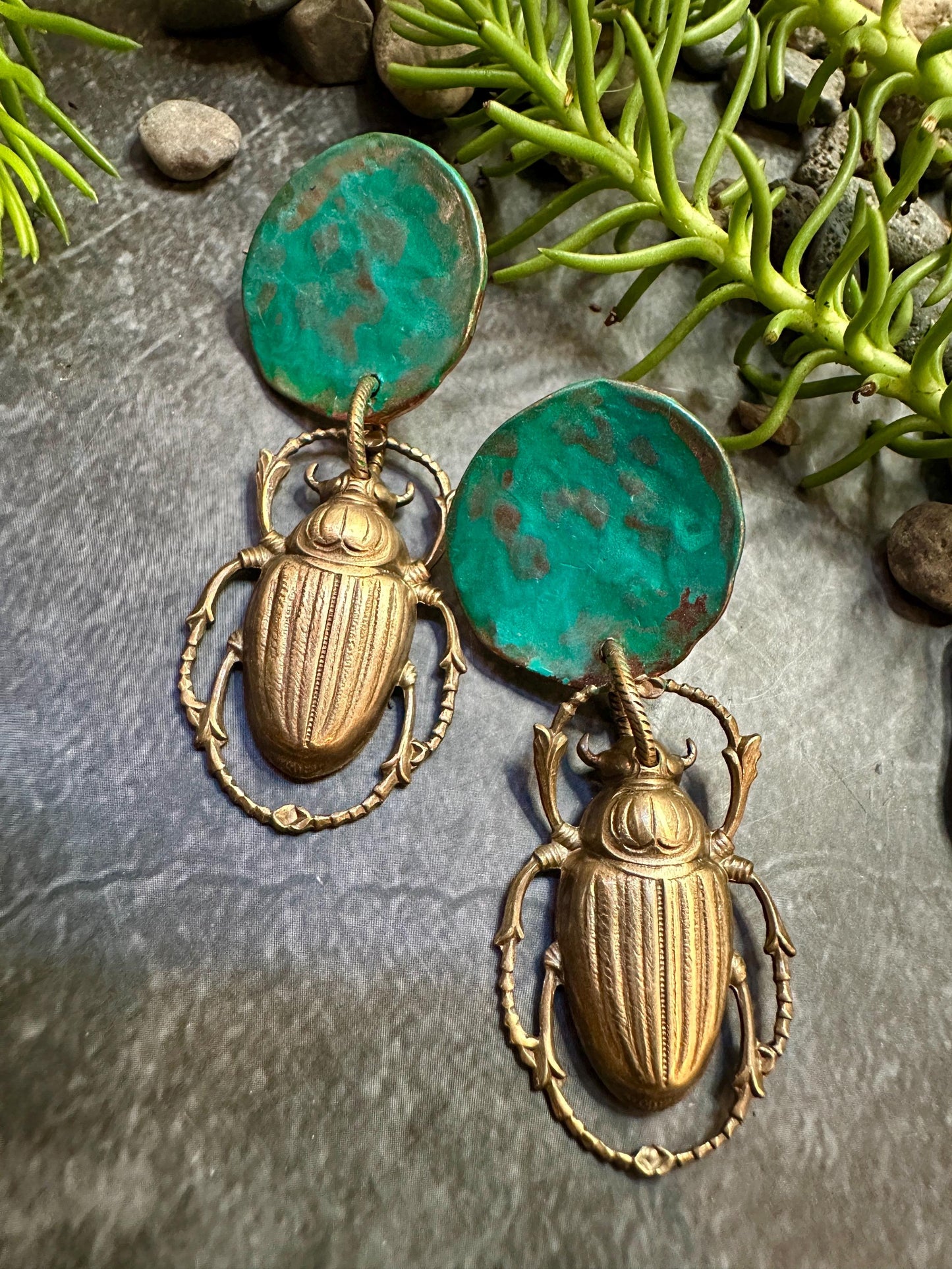 Scarab Moon Post Earrings- Handmade Solid Vintage Tooled Brass Hand Patina