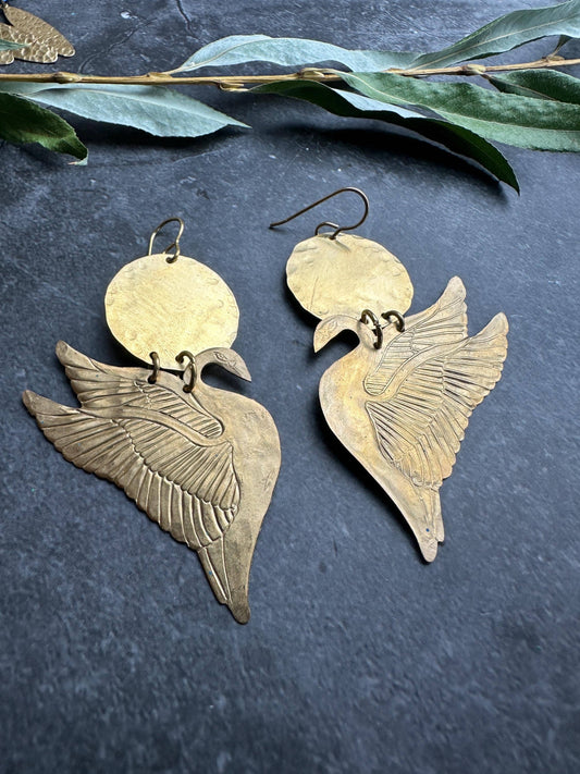 Sunset Swan Earrings- Handmade Beaten Solid Brass