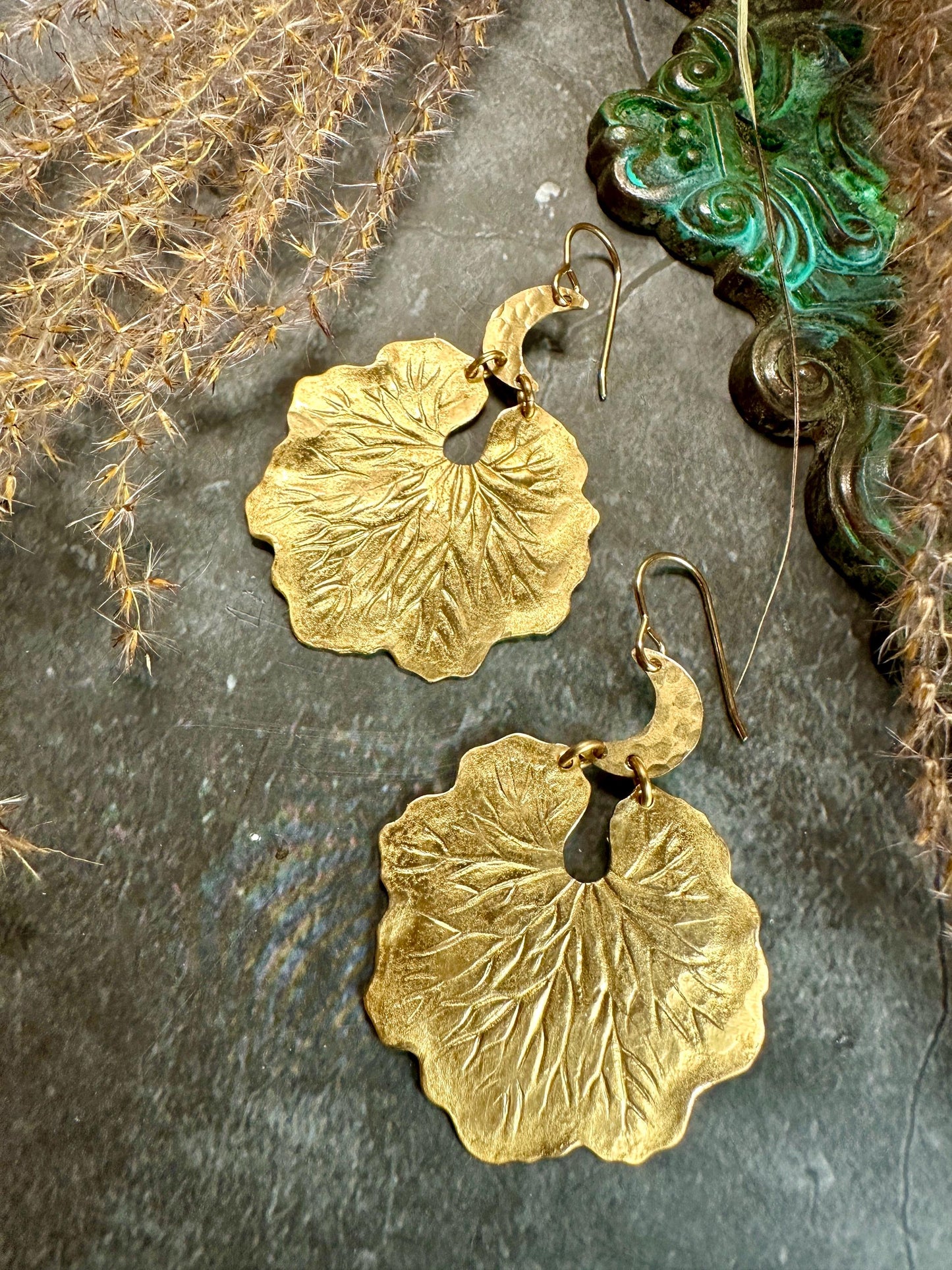 Crescent Moon Lilypad Leaf Earrings- Nouveau Handmade Beaten Solid Brass