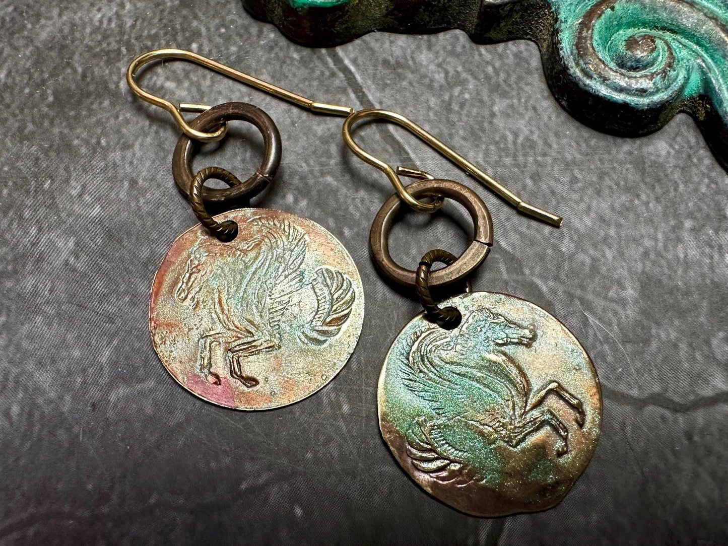 Pegasus Petite Coin Earrings- Handmade Solid Beaten Brass Iridescent Hand Patina