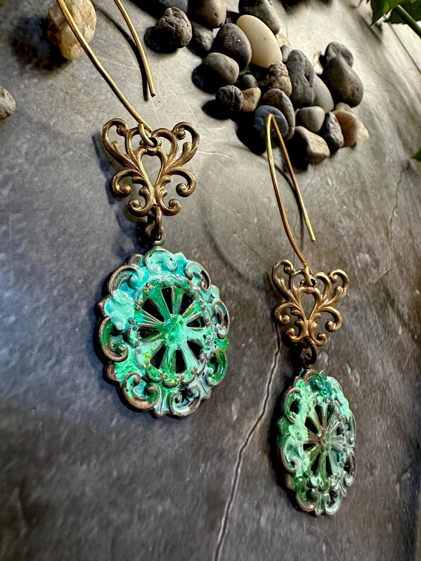 Flourish Filigree Earrings- Handmade Solid Brass Hand Patina
