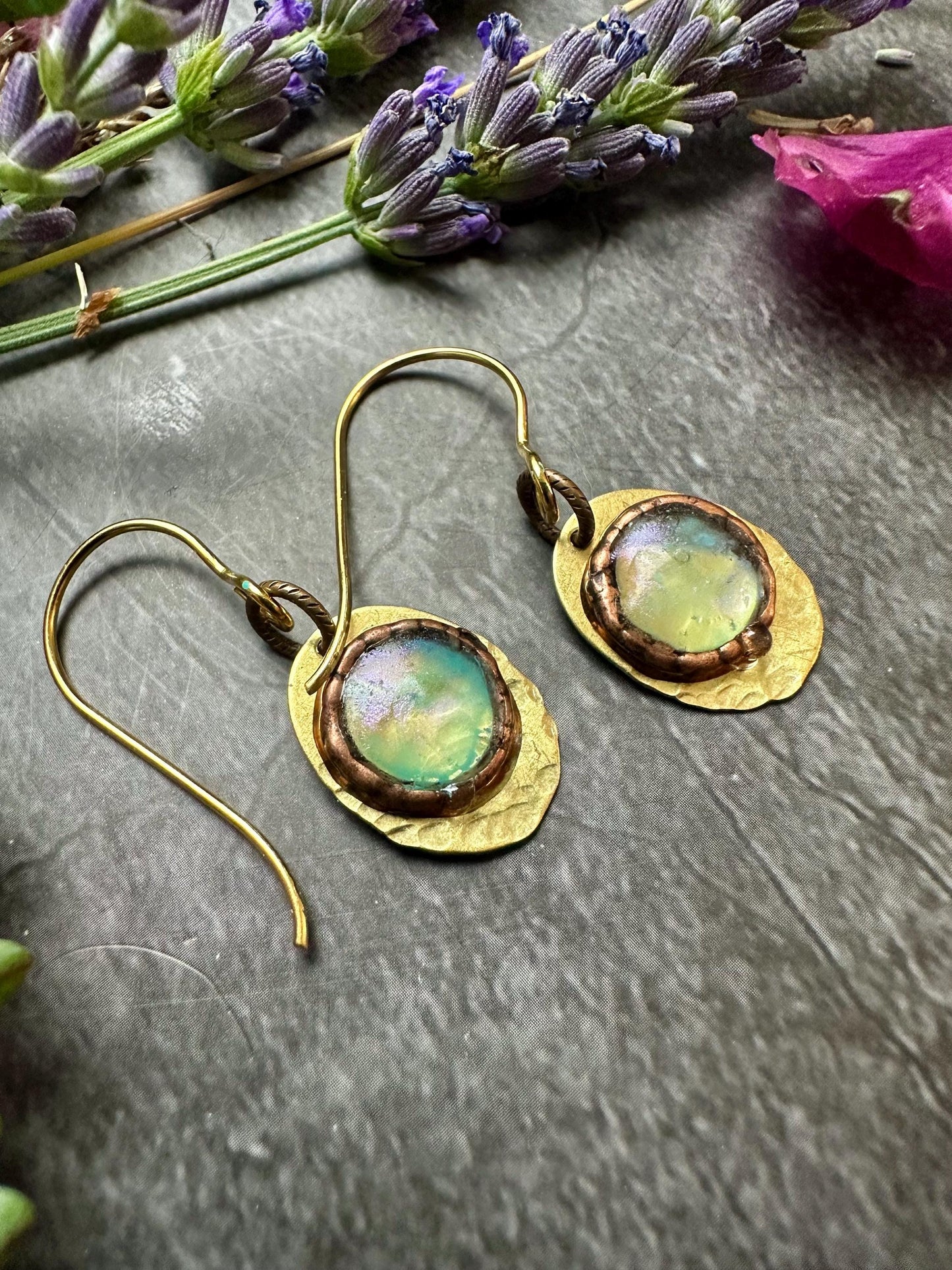 Gleaming Pool Earrings- Handmade Beaten Brass with Hand Colored Iridescent Resin