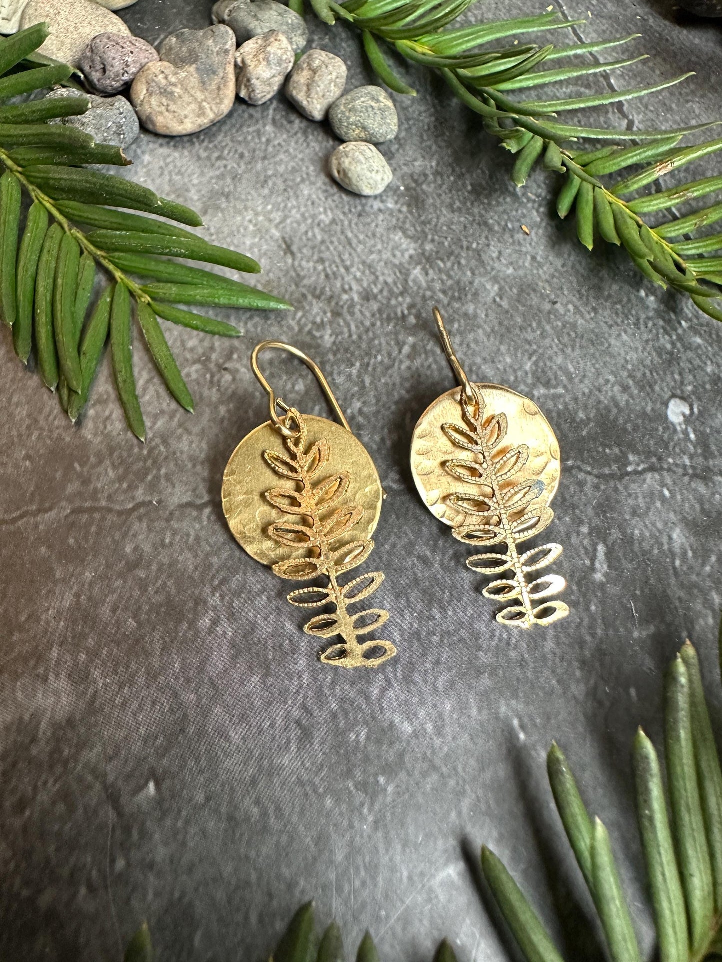 Fern Moon Earrings - Handmade Solid Hammered Brass