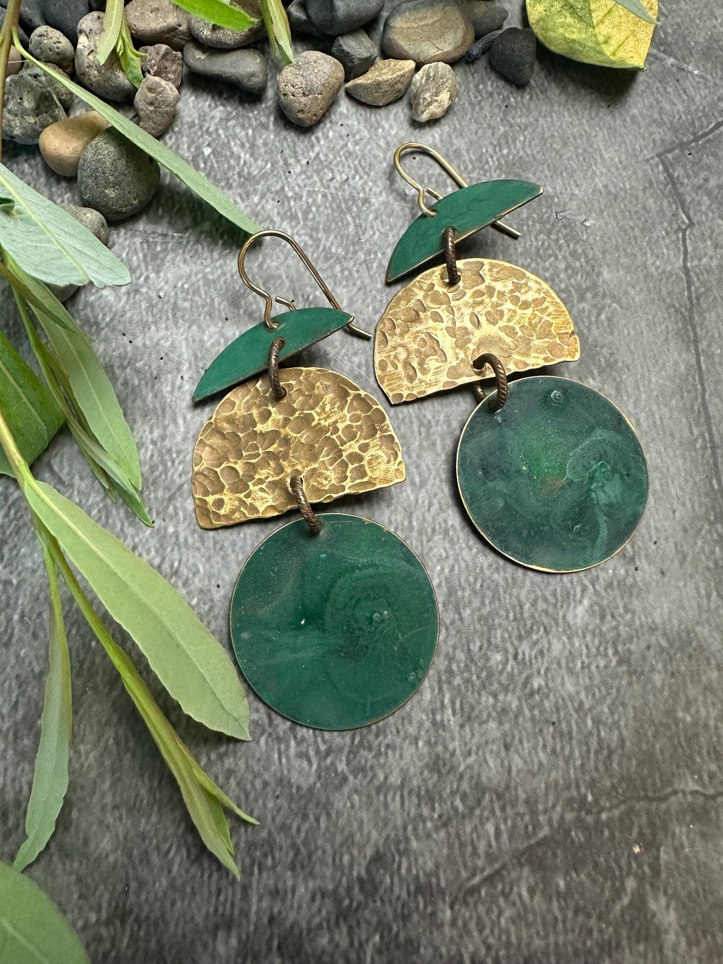 Geometric Shape Earrings - Handmade Solid Hammered Brass Green Hand Patina