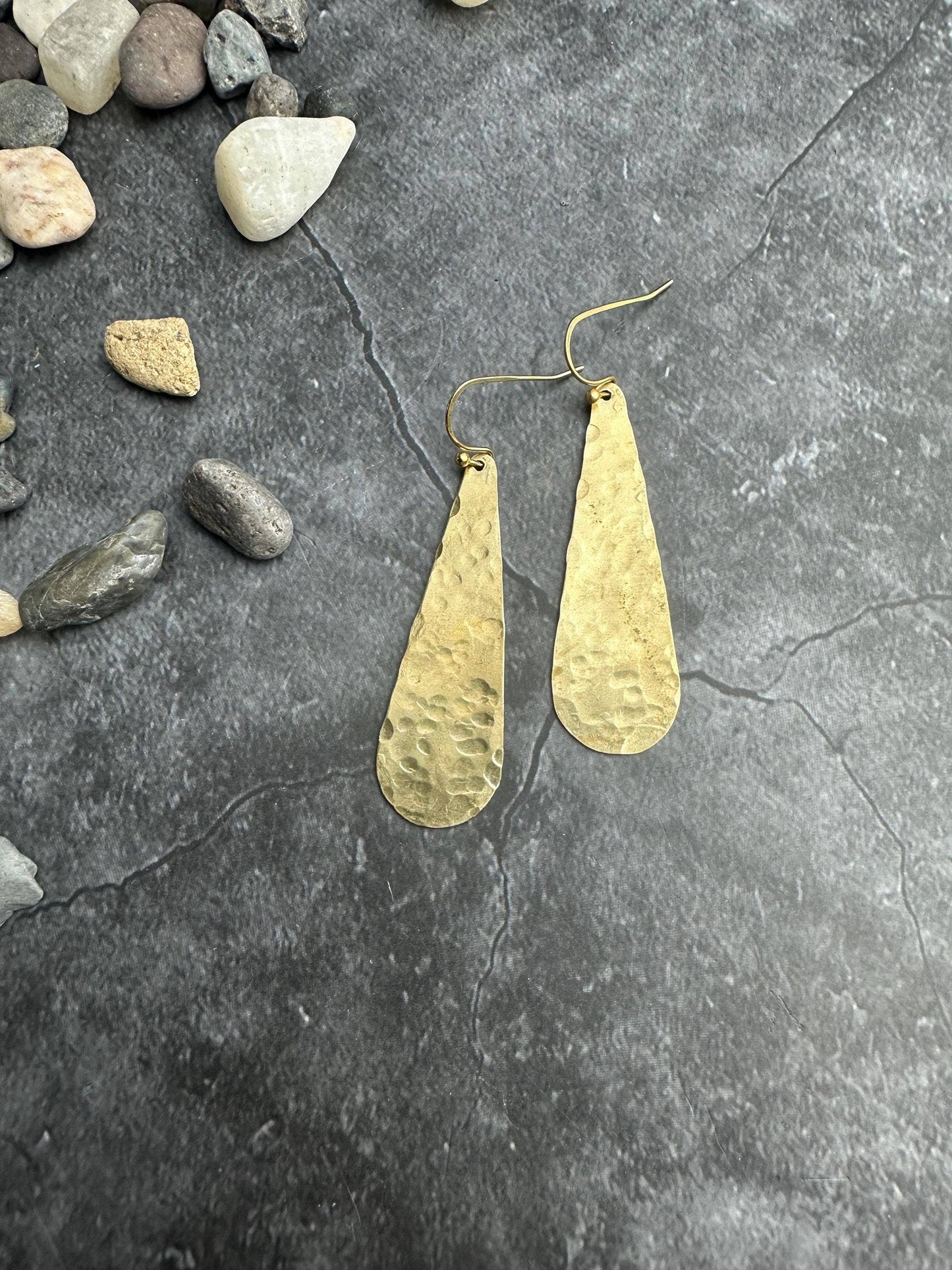 Long Hammered Brass Teardrop Earrings