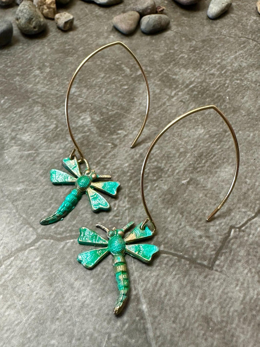 Dragonfly Charm Earrings Garden Fairy - Handmade Solid Brass Green Hand Patina