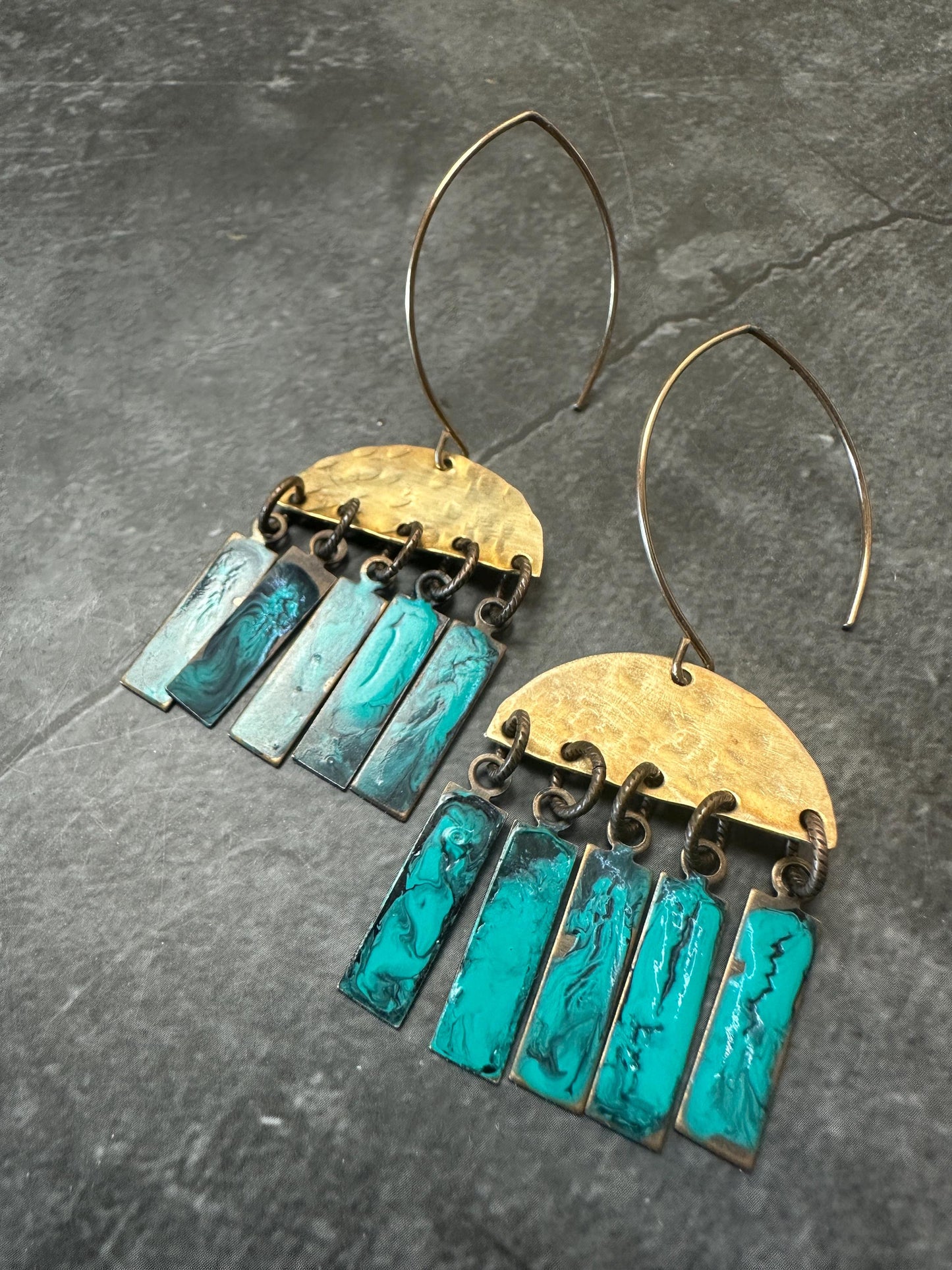 Geometric Fringe Earrings - Handmade Solid Hammered Brass Green Blue Hand Enamel